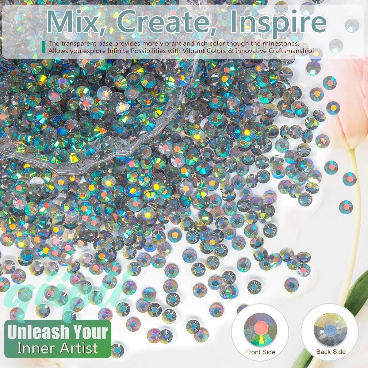 Gray Green Ab Resin Rhinestones for Crafting 3mm 4mm 5mm Transparent Grey Flatback Diamonds Stones Gems Charms Supplies for Nails Face Eyes Makeup Tumblers Bottles Crafts Clothes Shoes Phones