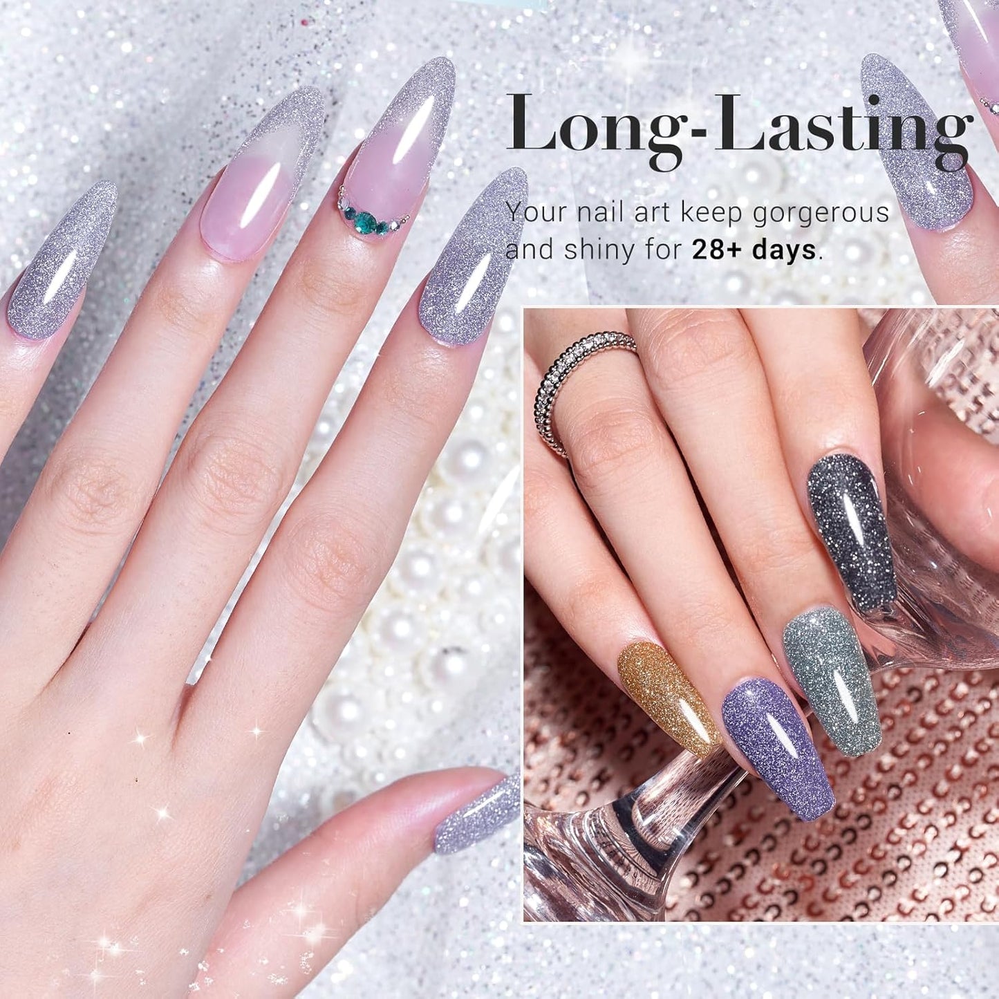 AZUREBEAUTY Sparkling Dip Powder Nail Set Micro Glitter Pink Silver Black Blue Green Gold Bright Flashlight Shine 6 Colors Dipping Powder Starter Kit Nail Art Manicure Salon, No Need Nail Lamp Cured