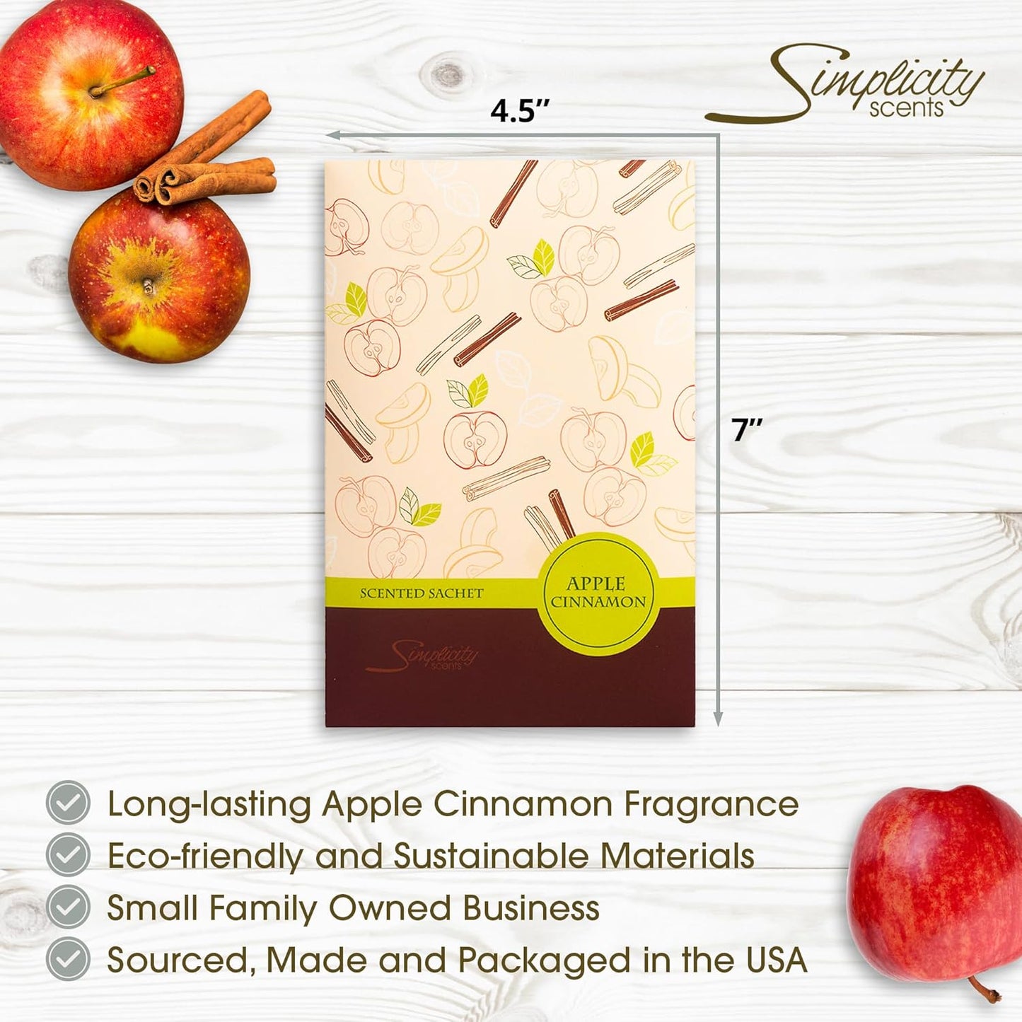 Simplicity Scents Apple Cinnamon Scented Sachets Pack of 3, Fall & Winter - Long-Lasting Scented Bags, Home Fragrance, Air Freshener & Deodorizer for Closet, Room, Drawer, or Cars, Made in USA