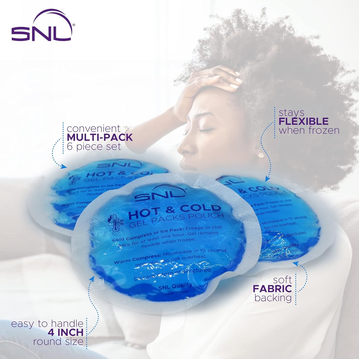 SNL Quality Hot & Ice Packs [6 Gel Packs], Reusable, Round, Soft Fabric Backing, for Breastfeeding, Pain Relief, First Aid - Includes: Wrap Sleeve for Hands-Free Application, Storage Bag