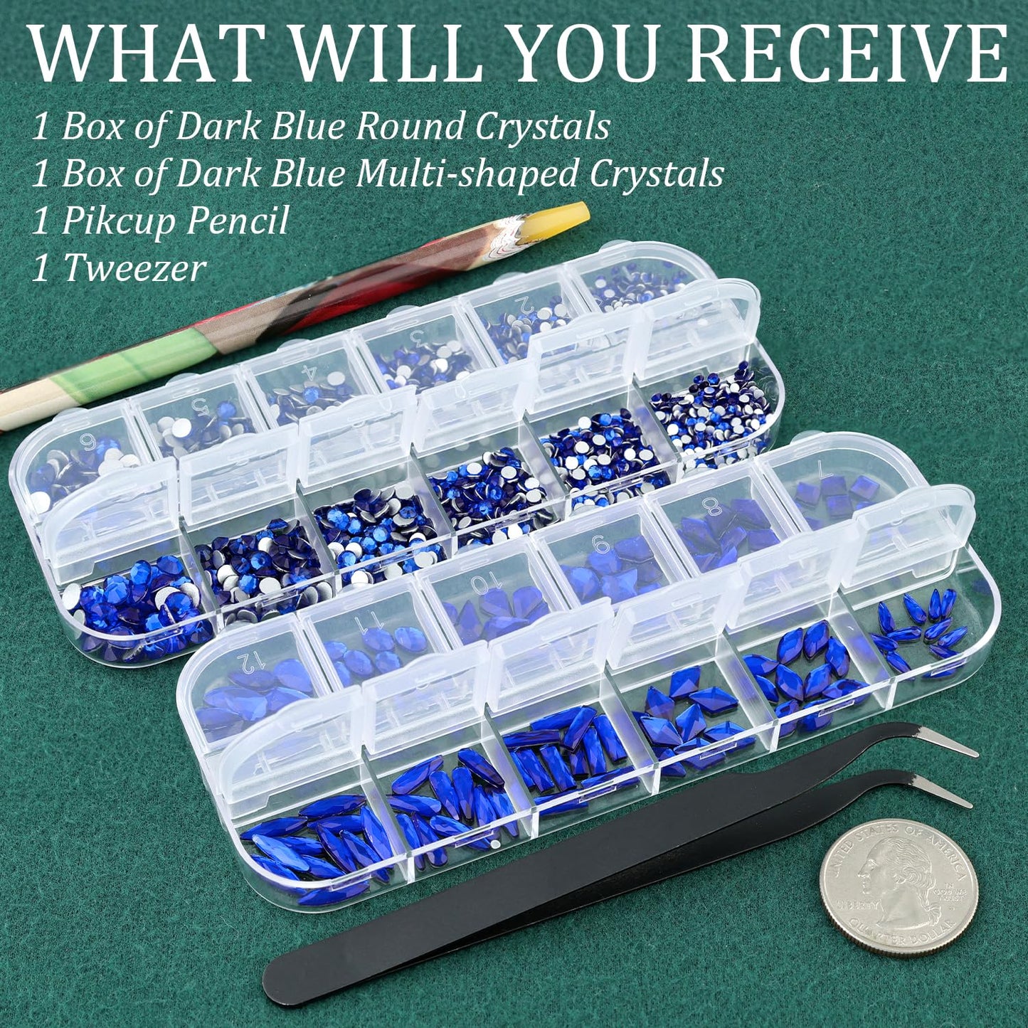 Multi Shapes Dark Blue 3D Glass Crystal Nail Art Rhinestones Kit with Flatback Round Bead Charm Gem Stone Jewelry Diamond with Pickup Pen + Tweezer for Manicure Makeup DIY Craft Decoration