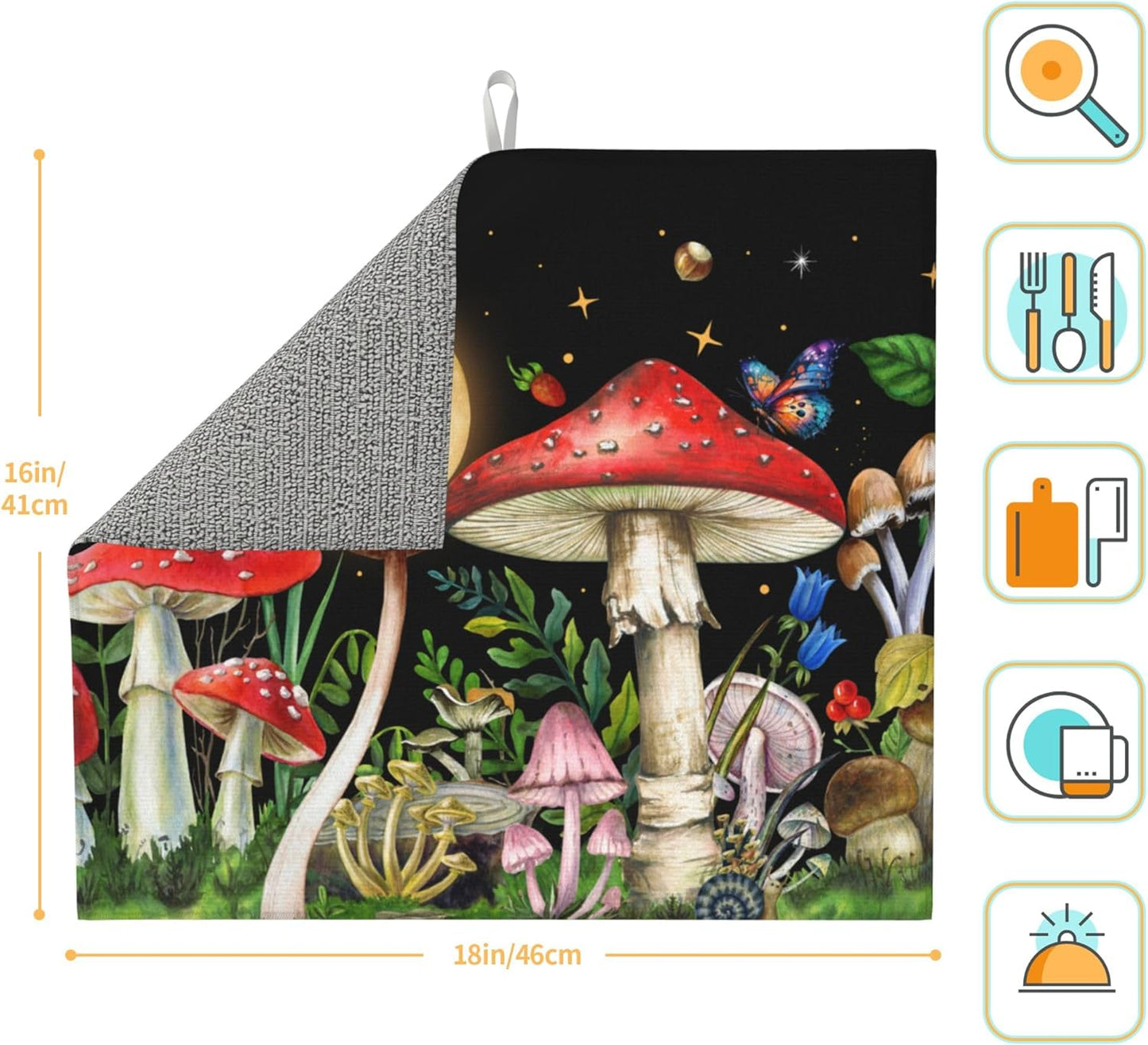 Mushroom Dish Drying Mat for Kitchen Counter Cute Decorative Dish Drainer Rack Mats 16x18 Inch Absorbent Reversible Witchy Drying Pad
