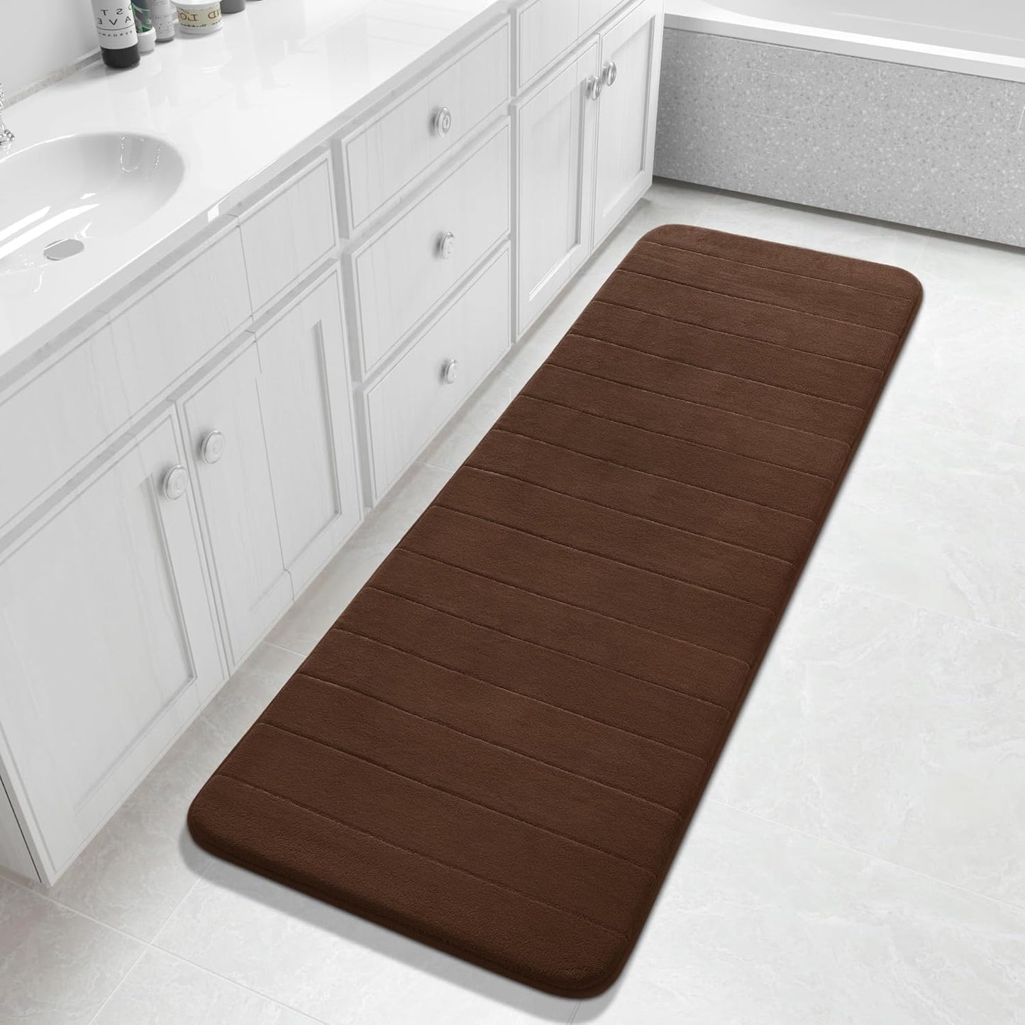 Yimobra Bathroom Runner 60"x24", Non Slip Memory Foam Bath Mat, Super Soft Water Absorbent Hallway Carpet, Machine Washable Rug for Vanity Tub Shower, Brown