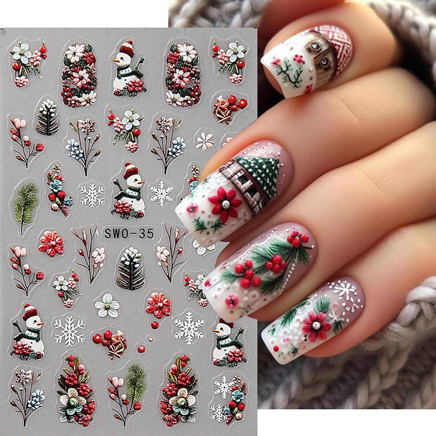 6 Sheets Christmas Nail Art Stickers 5D Self-Adhesive Embossed Cartoon Santa Claus Elk Bluebird Designs Xmas Decals Winter Christmas Snowflake Lamp Ball Nail Stickers Supplies for DIY Manicure Decor