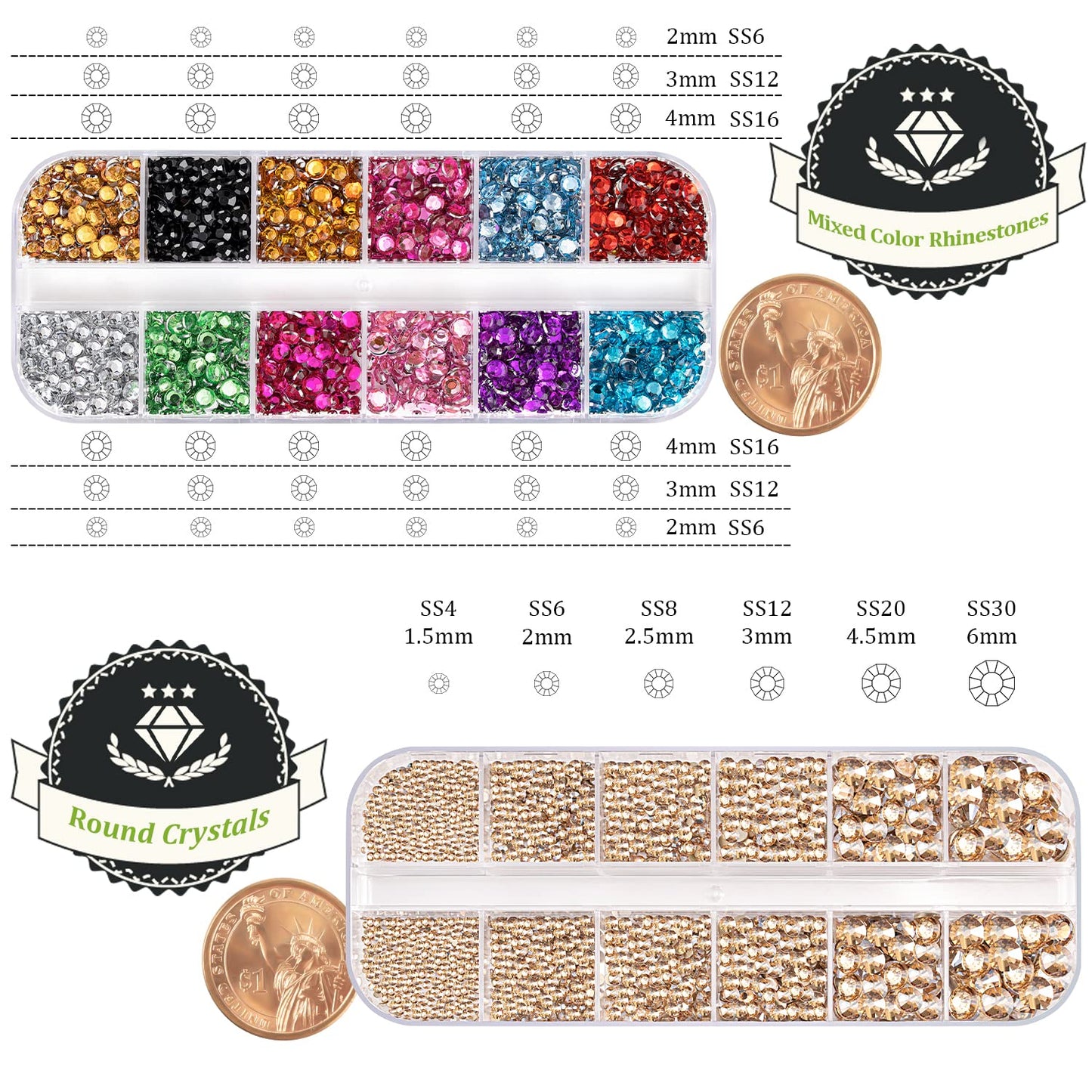 Two Packs of Flatback Rhinestones 4520 Pcs Colorful Nail Art Rhinestones Flatback Crystal Colorful+Champagne Rhinestone with Picker Pencil and Tweezer for Nail Art and Decoration