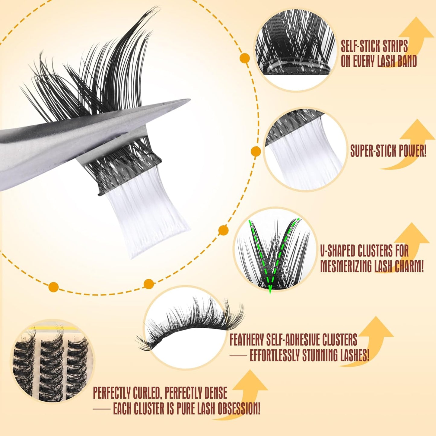 Self Adhesive Lash Clusters Natural No Glue Eyelashes Pre-glued Cluster Eyelash Extensions Wispy Reusable Self Adhesive Eyelash Clusters 120Pcs 10MM-18MM