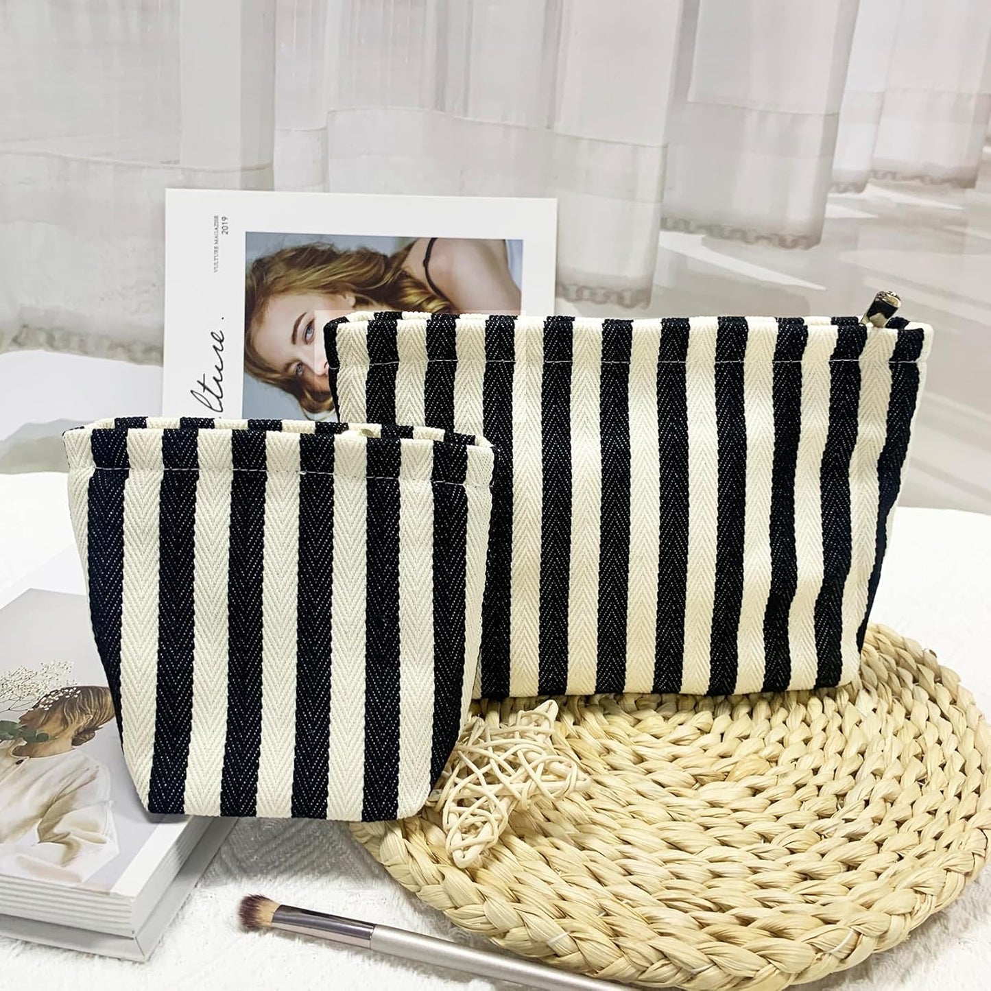 2 Pcs Makeup Bags, Large Cosmetic Bag Travel Toiletry Bag Organizer for Women, Embroidery Craft, Stripe Makeup Bag Small Cosmetic Pouch Purse with Zipper Gifts for Girls Teen