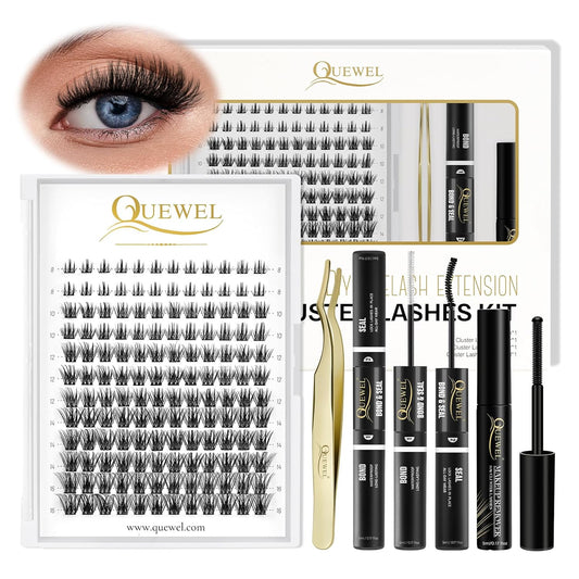 QUEWEL DIY Eyelash Extensions Kit, 144 Pcs Lash Clusters, Clusters Eyelash Applicator Tool, Super Hold Cluster Lashes Bond and Seal, Clusters Lash Glue Remover Easy to Apply at Home(Common-Kit)