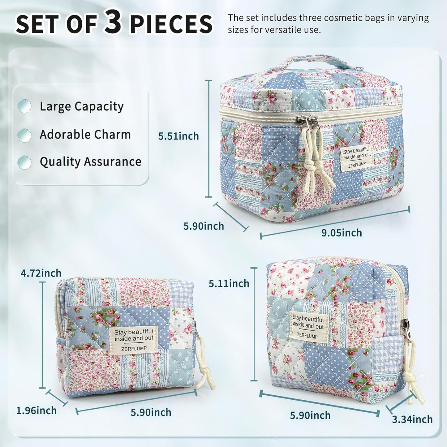 Cute Quilted Floral Makeup Bag(3Pcs)，Coquette Aesthetic Cosmetic Bag，Travel Toiletry Bags， Kawaii Aesthetic pouch for Women (64-GridRose)