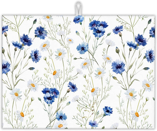 Wildflowers Dish Drying Mat,Watercolor Poppy Cornflower Drying Rack Pad Countertop Dishes Ultra Absorbent Microfiber Kitchen Counter Mat for Coffee Countertop Decor 18x24 Inch