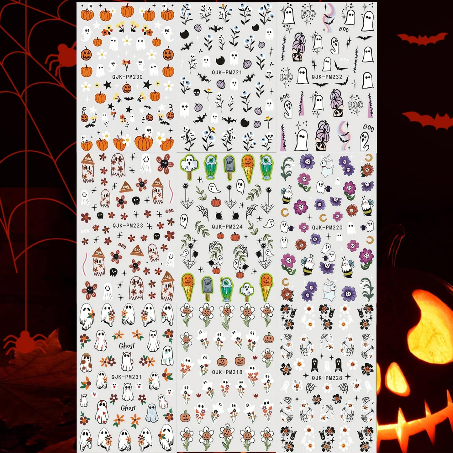 9 Sheets 3D Halloween Nail Art Stickers Self-Adhesive Cute Skull Pumpkin Bat Ghost Spider Designs Cartoon DIY Flowers Nail Art Stickers Decals Halloween Nail Supplies for Women Nails Art Decoration
