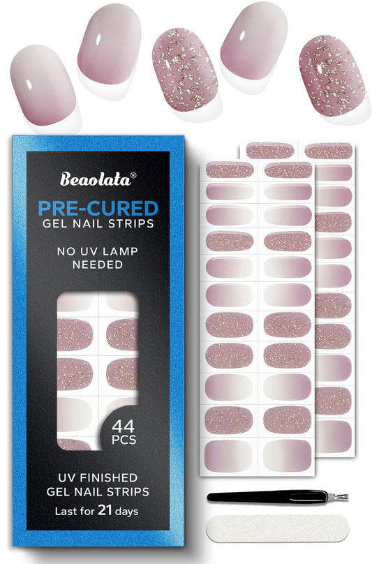 Pre Cured Gel Nail Strips - 44PCS Salon Quality Gel Nail Stickers - Long Lasting Polish Wraps for Women no UV Light Needed Easy Apply& Remove (Iris Purple)