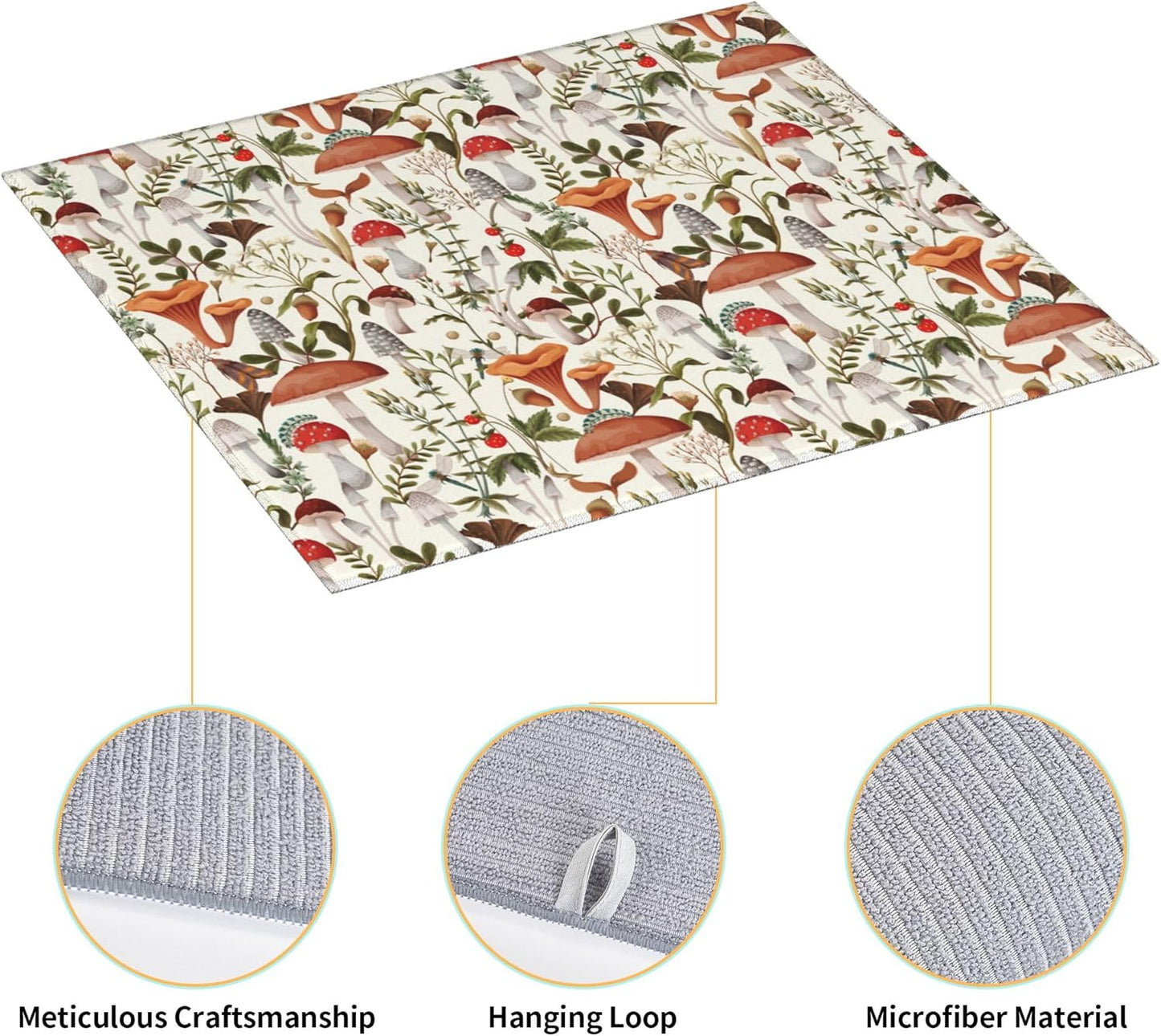 Boho Mushroom Decor Dish Drying Mat for Kitchen Counter Botanic Plant Beige Dish Drainer Rack Mats 16x18 Inch Absorbent Reversible Drying Pad