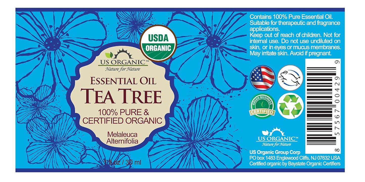 US Organic 100% Pure Tea Tree Essential Oil, Steam Distilled, USDA Certified Organic, for Hair, Skin, Scalp, Foot, Toenails, and More. Sourced from South Africa, Undiluted, Non-GMO (30 ml)