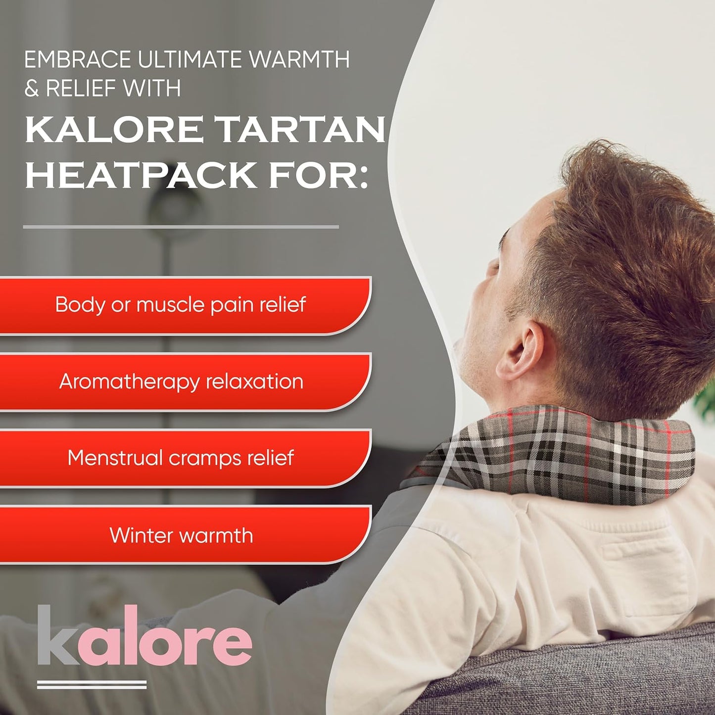Microwavable Heating Pads for Winter Warmth, Back, Stomach & Head Comfort – Kalore Soft Cotton Tartan Neck Wrap – Even Heat Distribution Hot Compress Bag – Wheat Heat Pad XL – Unscented – Gray