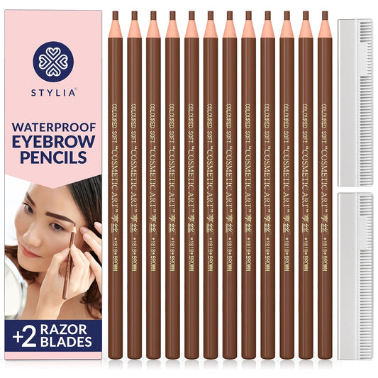 Stylia Waterproof Eyebrow Pencils For Women – Long-Lasting Microblading Supplies Brow Pencil, Perfect for Eyebrow Shaper, Filling & Defining Natural-Looking Brow - (12PC Brown)