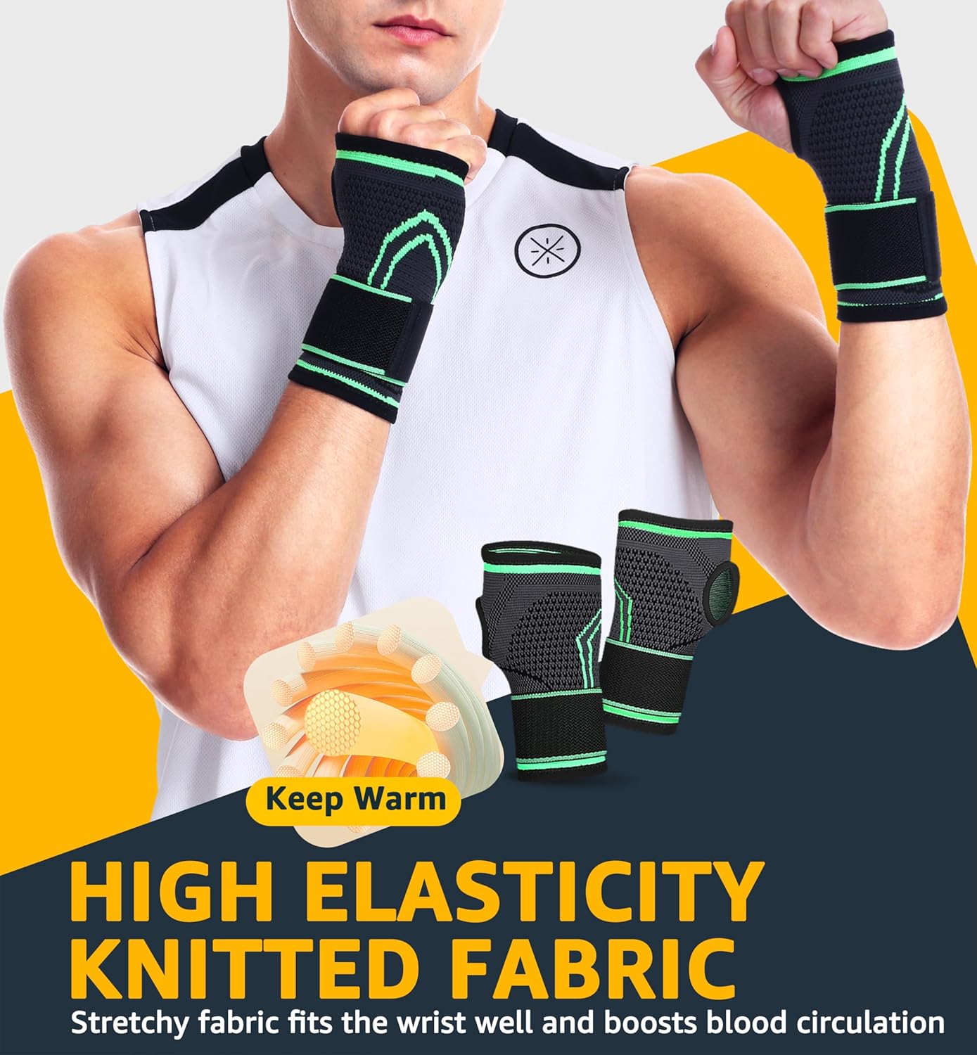 HiRui 2-Pack Wrist Brace Wrist Wraps, Hand Compression Sleeves with Wrist Straps Support for Fitness Weightlifting MTB Tendonitis Carpal Tunnel Arthritis Pain Relief (Green, Small)