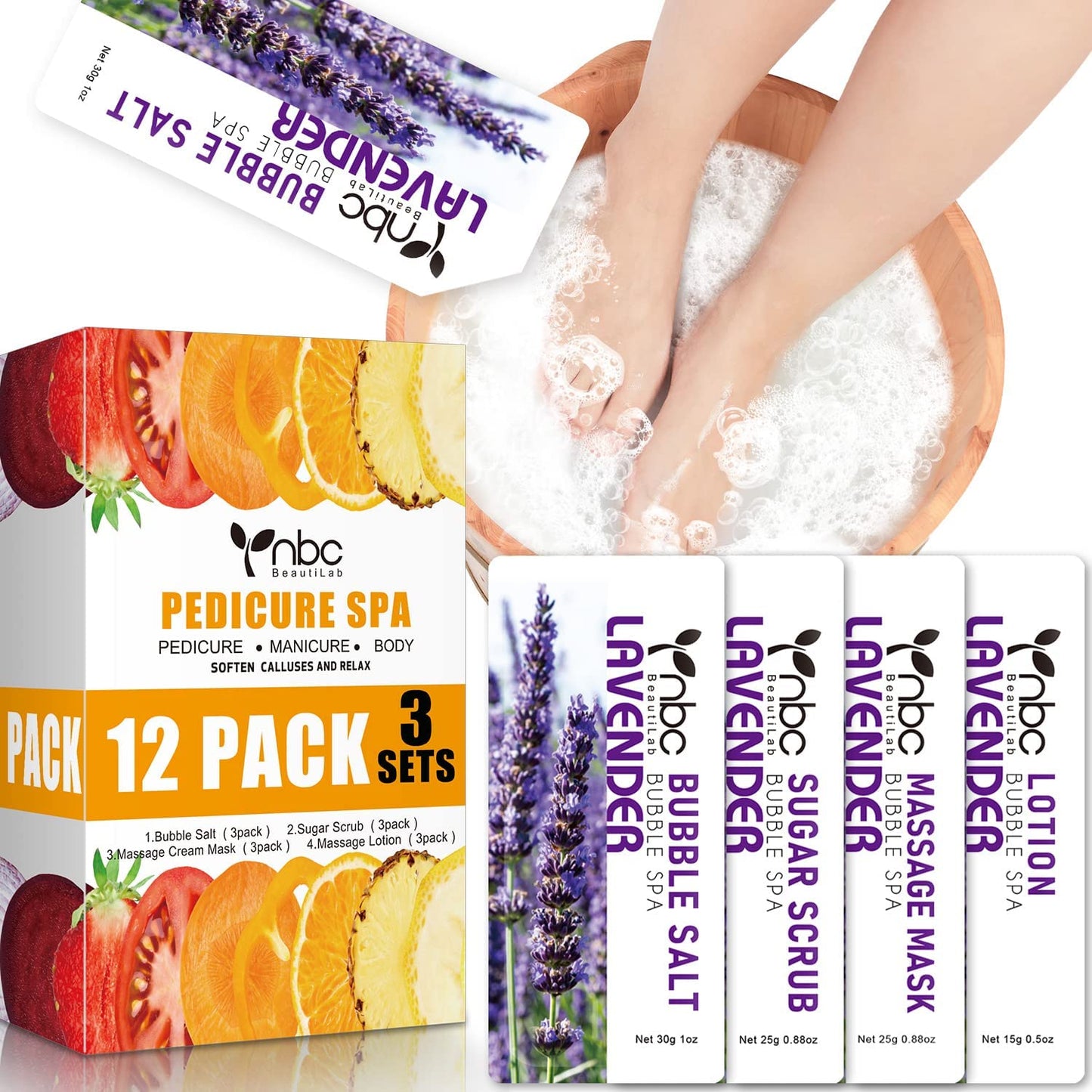 Pedicure Kit Foot Soak Set: Bubble Salt, Sugar Scrub, Massage Mask, Massage Lotion in a Box, 4 Step Foot Spa Kit for Dry Feet, Softens Calluses, Tired Feet（3 Set Lavender)