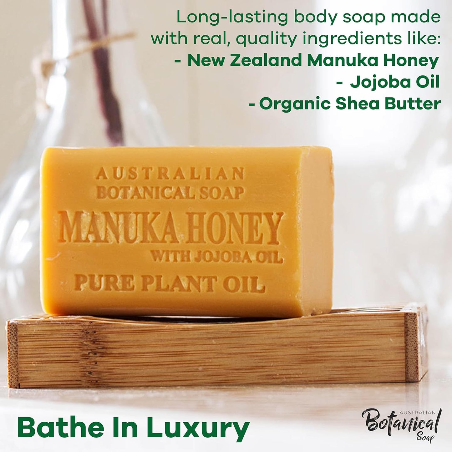 Australian Botanical Soap, 6.6 OZ, Manuka Honey and Jojoba Oil, Triple Milled Bars made with a Natural Soap Base and Enriched with Organic Shea Butter, Pack of 8