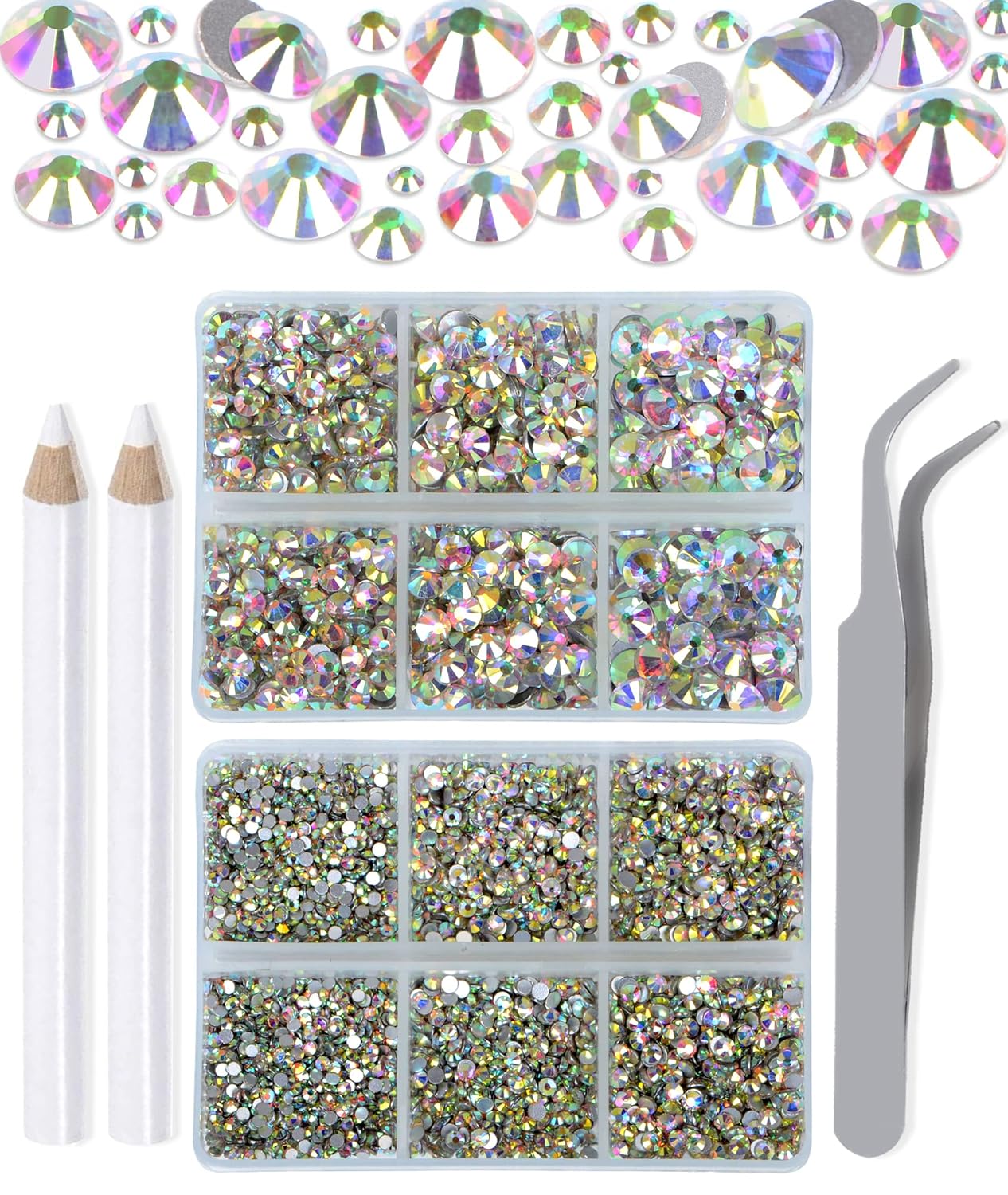 LPBeads 6000 Pieces Clear AB Non Hotfix Rhinestones 6 Sizes Round Crystal Glass Flat Back Rhinestones with Tweezers and Picking Pen for Nail Art Crafts Clothes Bags DIY