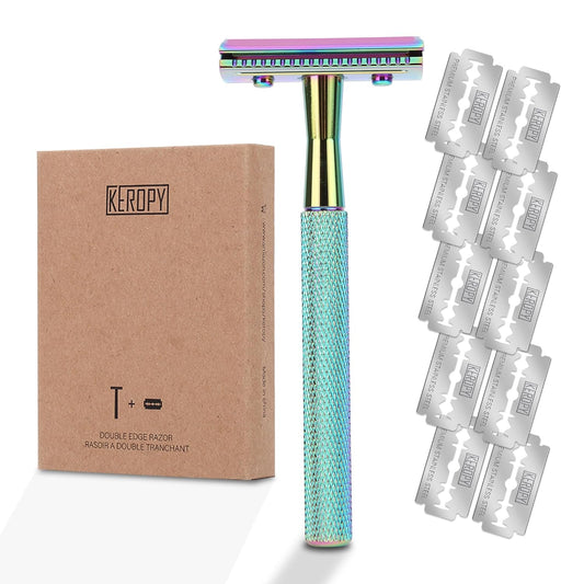 Safety Razor For Man With 10 Premium Stainless Steel Razor Blade Reusable Single Blade Razors For Men and Women, Double Edge Razor, Rainbow