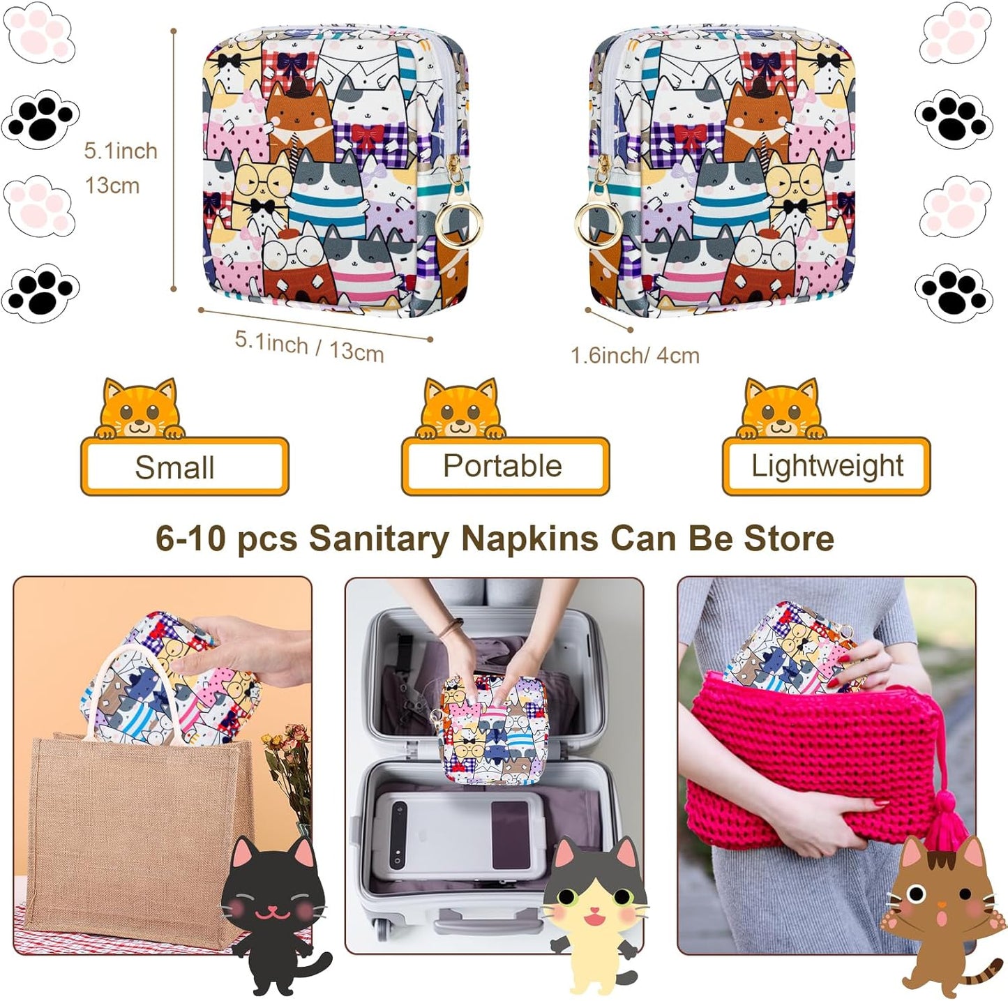 Tampon Holder for Purse, Canvas Period Bag Sanitary Napkin Storage Bag for Girls Womens, Portable Feminine Emergency Pad Period Pouch(Colorful Kittens)