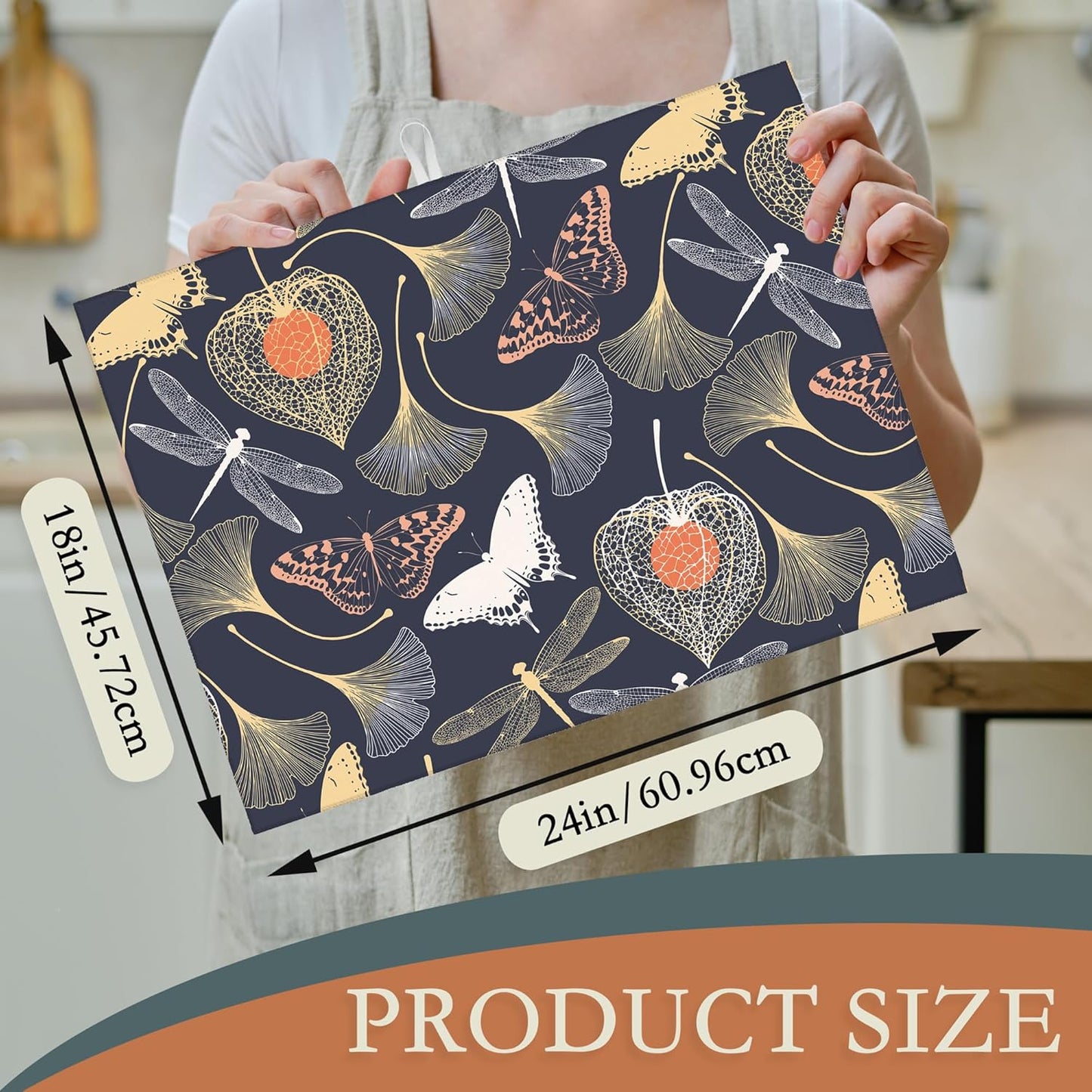 Ginkgo Leaves Dish Drying Rack Mat for Kitchen Counter,Dragonfly Butterfly Dish Drying Pad Absorbent Reversible Microfiber Protector for Coffee Bar Sink Countertops 18x24 Inch