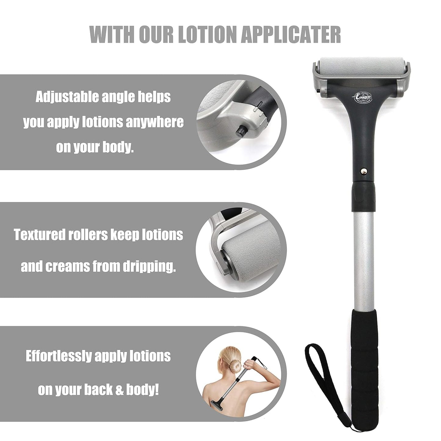 EASACE Lotion Applicator for Back & Body, Long Handle 21.5inch Adjustable Lotion Roller with 2 Replacement Roller for Back self(Silver)
