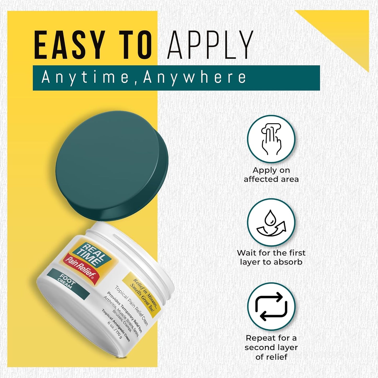 Real Time Pain Relief Foot Cream - 6oz Jar | Advanced Relief for Foot Pain, Muscle Strains, and Arthritis |15 Natural Ingredients Including Eucalyptus, Tea Tree Oil, Menthol, Vitamin E, and Emu Oil