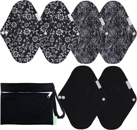 wegreeco Reusable Menstrual Pads - Reusable Sanitary Pads | Reusable Panty Liners | Soft Cloth Menstrual Pads - 6 Pack with 1 Cloth Mini Wet Bag (Medium, Black Flowers)