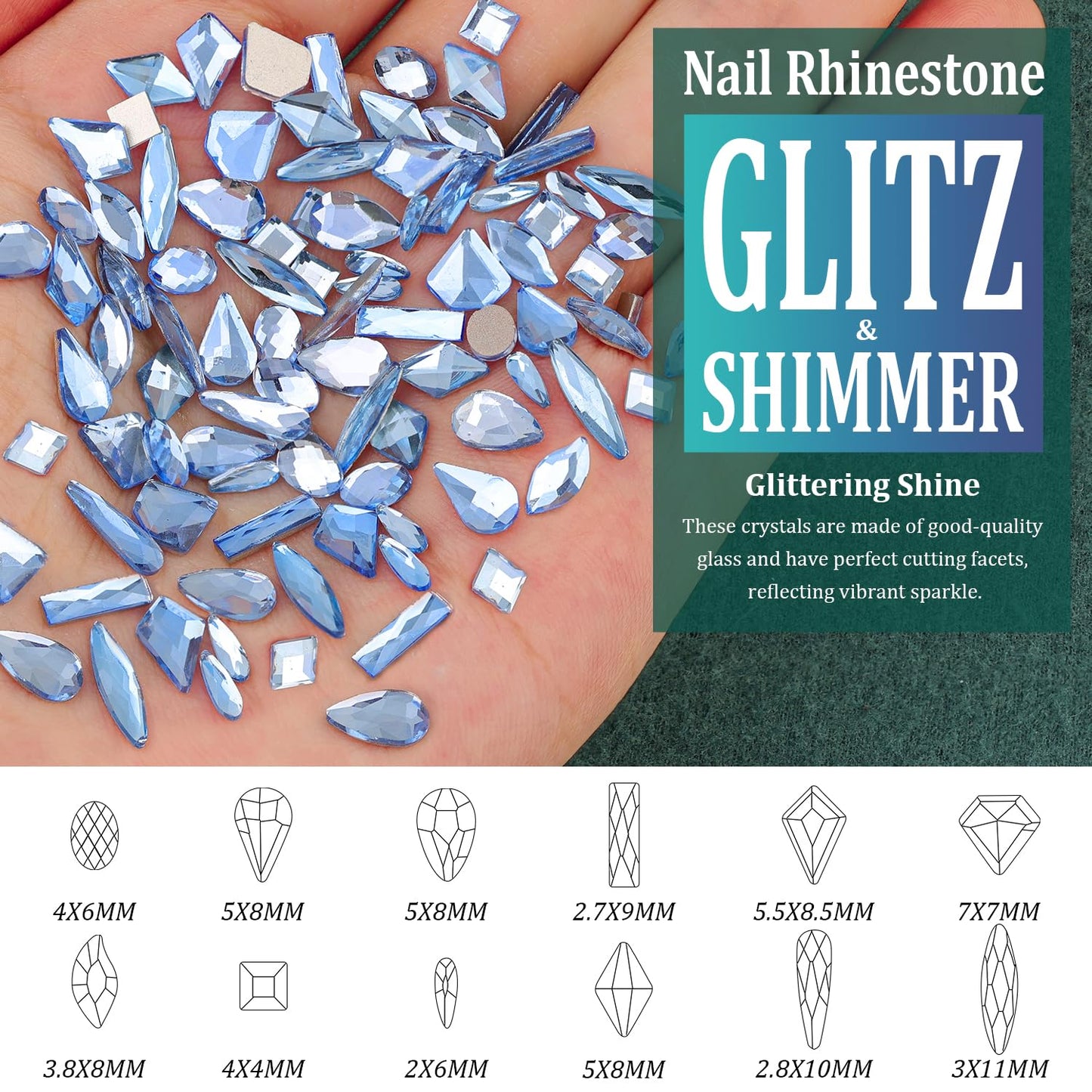 Multi Shapes Light Blue 3D Glass Crystal Nail Art Rhinestones Kit with Flatback Round Bead Charm Gem Stone Jewelry Diamond with Pickup Pen + Tweezer for Manicure Makeup DIY Craft Decoration