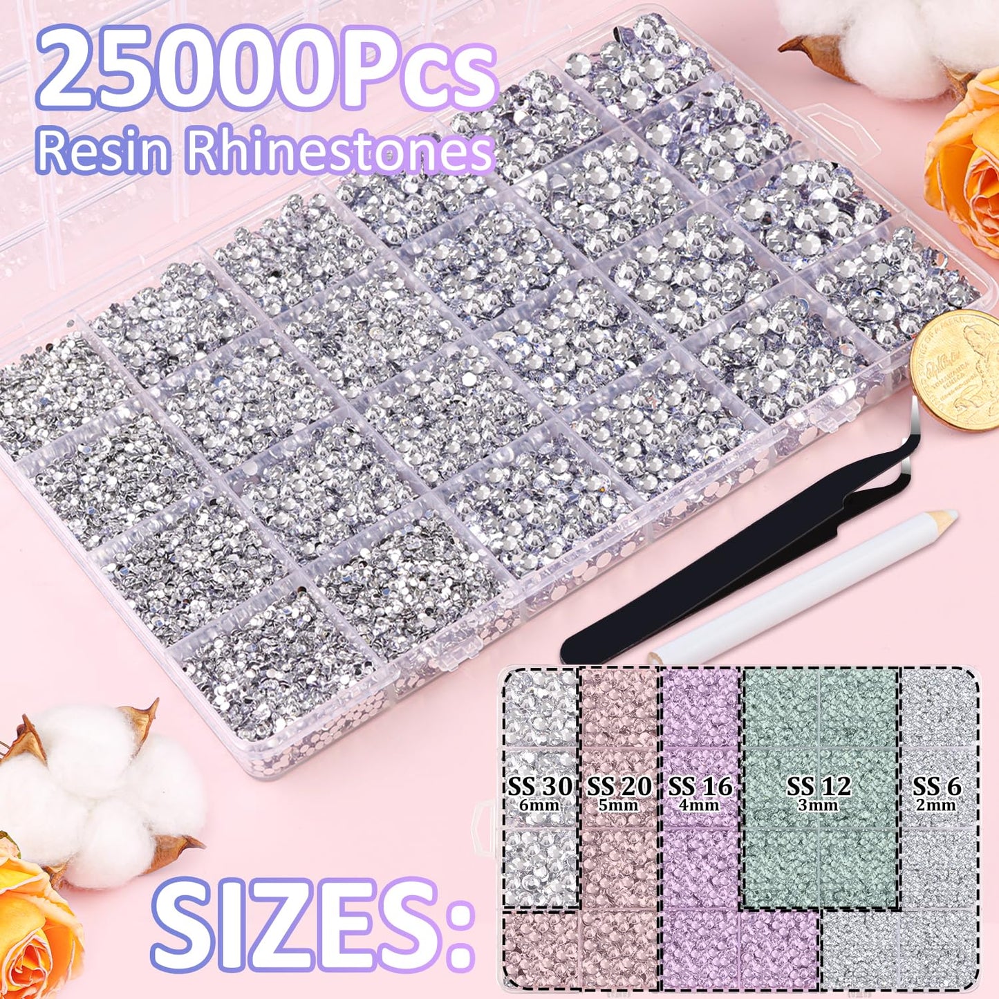25000Pcs Resin Rhinestones with Tweezers for Crafting, Silver Clear 2-6mm Mixed Sizes Flatback Gems, Bedazzling Crystal for DIY Crafts Clothing Tumblers Mugs Shoes Fabric Decor Nail Art