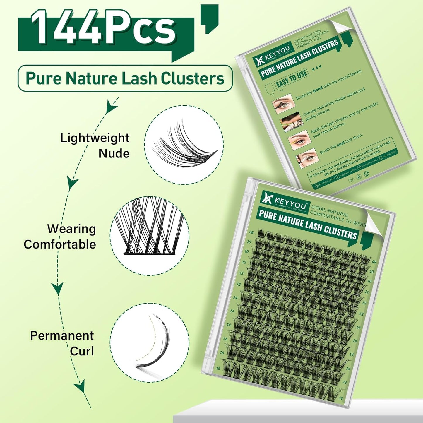 Natural Lash Clusters Wispy Eyelash Clusters 144 pcs Cluster Eyelash Extensions D Curl Individual Lashes 8-18MIX Mix Length Light and Natural Lashes Look with Thin Lash Band by KEYYOU(N02-8-18MIX-D)