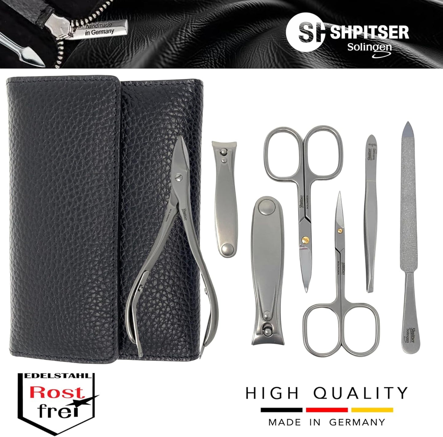 SHPITSER Professional 7pc TopInox Surgical Stainless Steel Tools Manicure Pedicure Set in Genuine Durable Leather Case Handmade in Solingen Germany for Nail and Cuticle Care