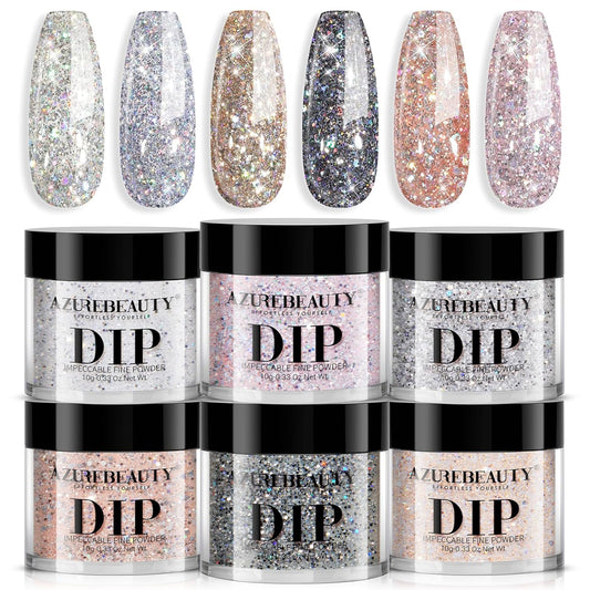 AZUREBEAUTY Dip Powder Nail Set, Silver Pink Black Golden Yellow Glitter Sparkly Shiny Chrome Platinum, 6 Colors All Seasons Dipping Powder Starter Kit Nail Art Manicure Salon, No Need Nail Lamp Cured