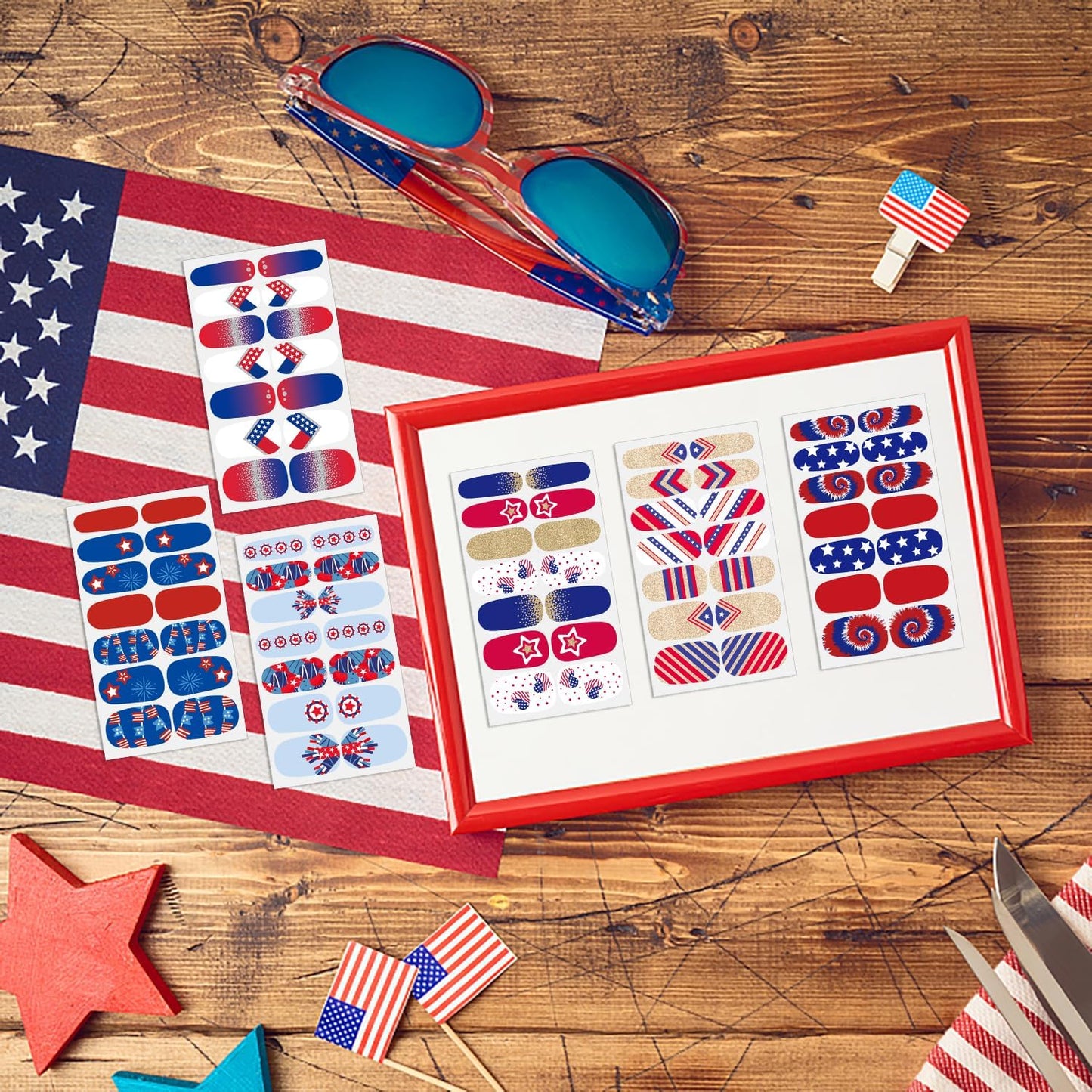 DANNEASY 16 Sheets Independence Day Nail Wraps 4th of July Nail Polish Stickers Self Adhesive Nail Polish Strips Gel Fingernail Sticker Nails for Women with Nail File, Cuticle Stick