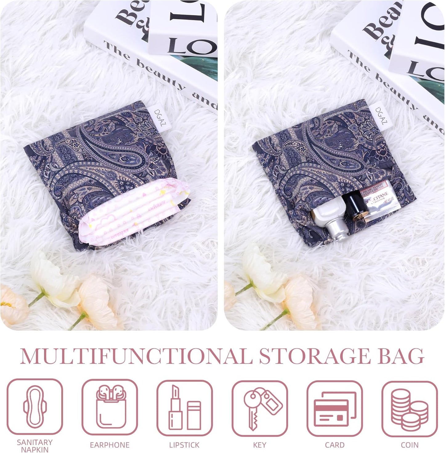 DGAZ Sanitary Napkin Storage Bag, Period Bag for Teen Aged Girls, Portable Period Bag for Panty Liners/Menstrual Cup/Small Tampons，Mini Makeup Bag for Purse(Blue Paisley)