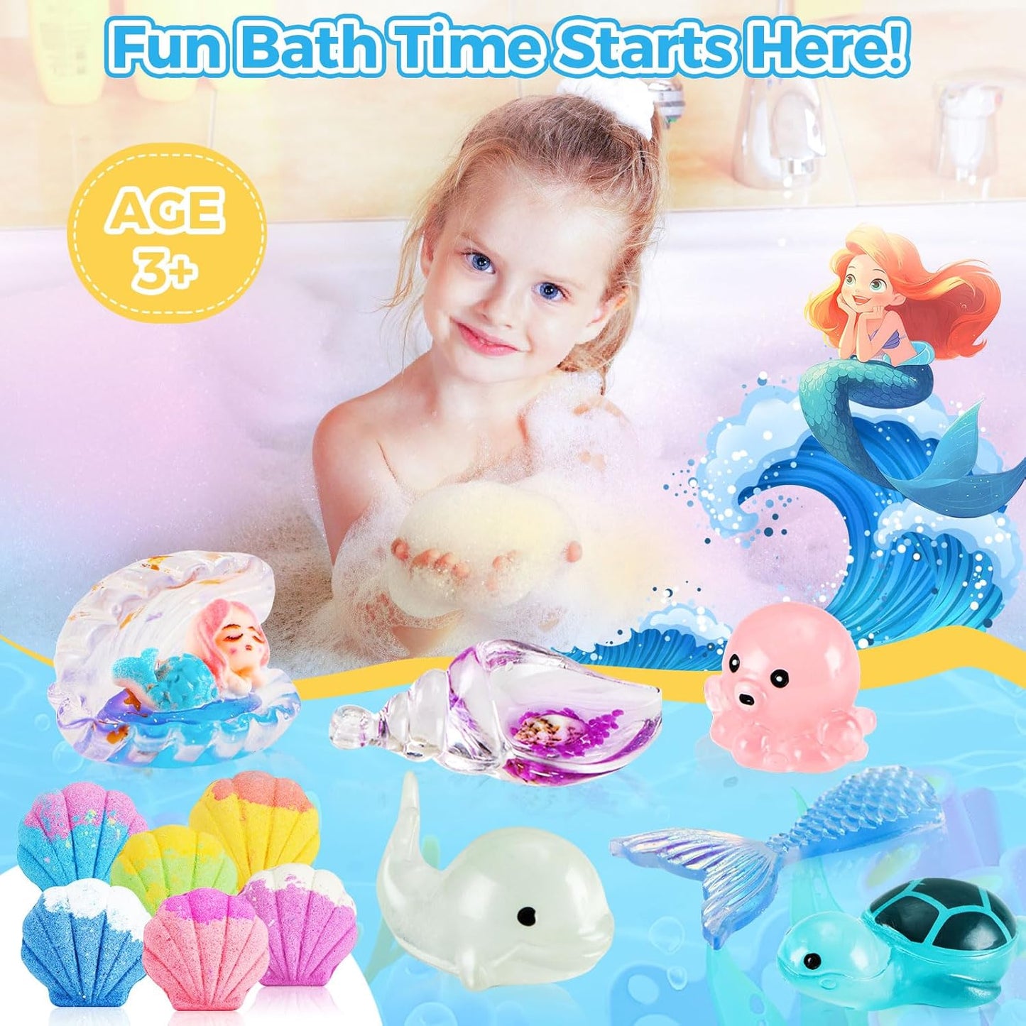 Bath Bombs for Kids, 3.5oz Large Mermaid Bath Bomb with Toys Inside, Girls Bath Bombs with Surprise Inside, Organic Natural Bubble Bath Fizz for Kids, 6 Pack