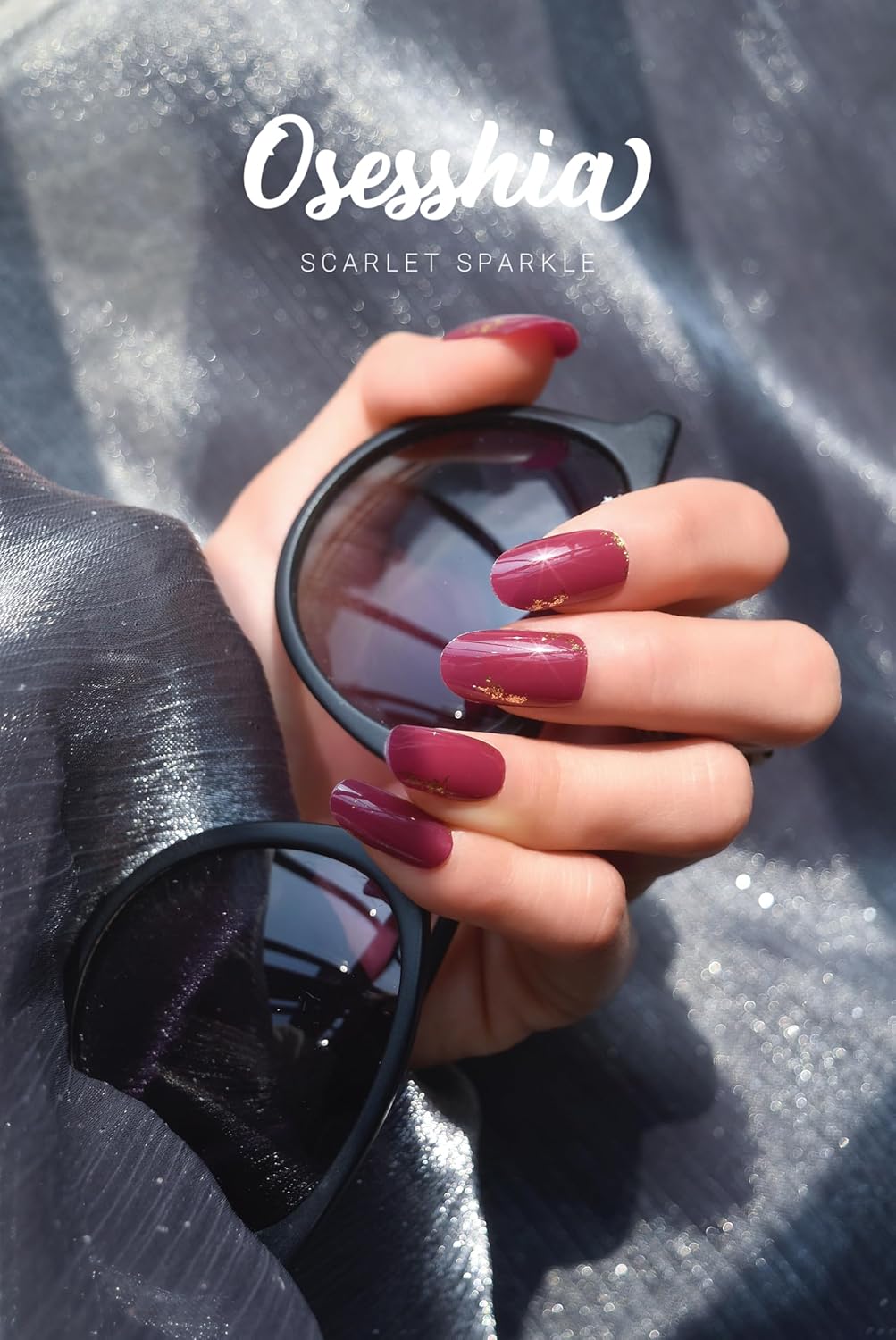 Semi Cured Gel Nail Strips, 20 pcs Nail Wraps, Glaze Stickers, Salon Quality French Manicure, Full Decal Gel Polish Strips, Long Lasting SCG, Easy on, UV Required (Scarlet Sparkle)