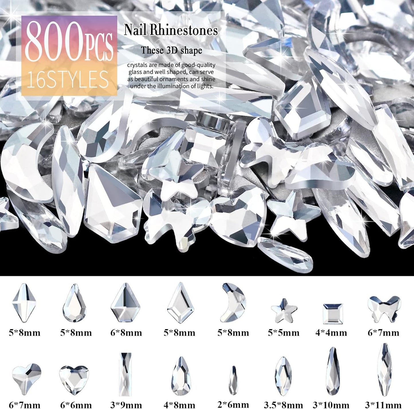 Dowarm 6000PCS Crystal Clear Nail Rhinestones, 16 Types of 800PCS Special-Shaped Diamonds+5200PCS Flatback Rhinestones, 3D Crystal Glass Gemstones for Nail Crafts Decoration, White Gem Stones Charm