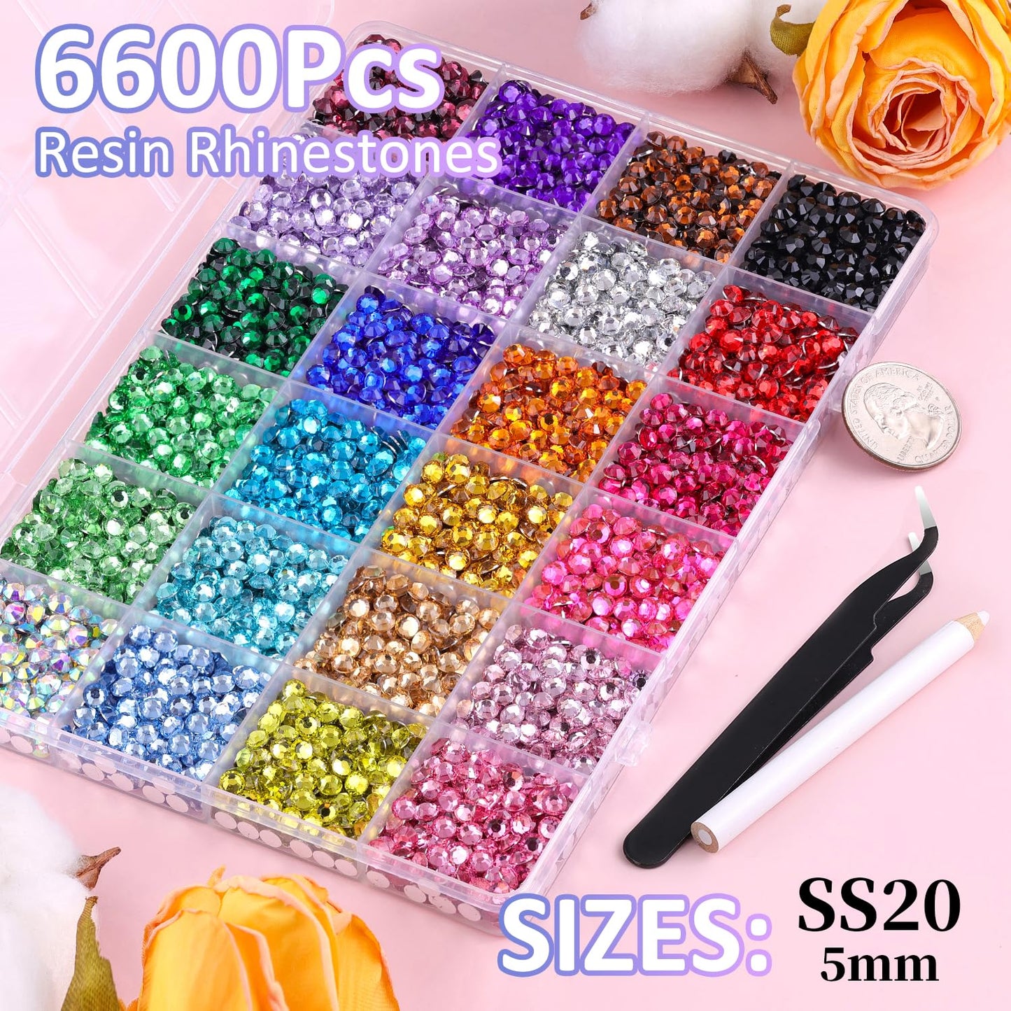 6600Pcs Resin Rhinestones for Bedazzling with Tweezers, Multicolor 5mm Rhinestones for Crafting with 3Pcs 10ml B7000 Jewelry Glue for DIY Crafts Clothing Tumblers Shoes Fabric Nail Art