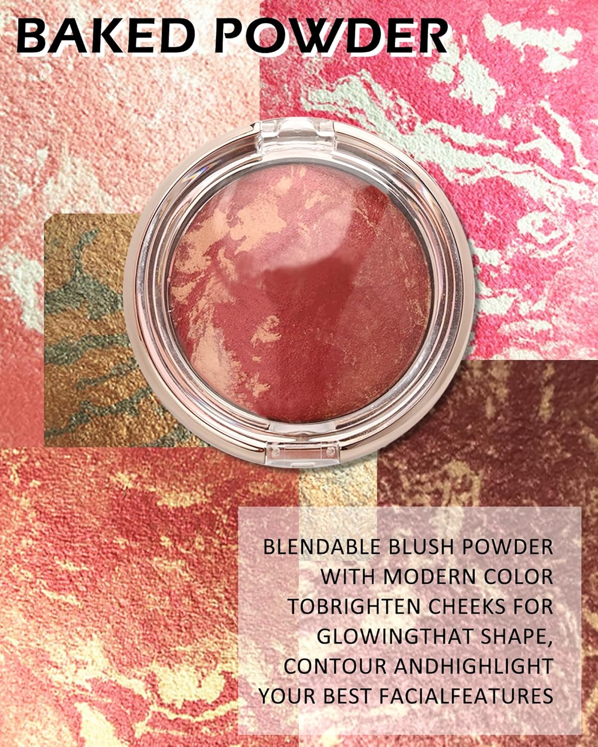 Baked Blush,Glow Marbleized Blusher Powder Palette,Lightweight Shimmery Blusher for Cheeks,Eyeshadow & Highlight,Makeup Gift for Women rubores de maquillaje(0.49Ounce)-08 Gold Pink