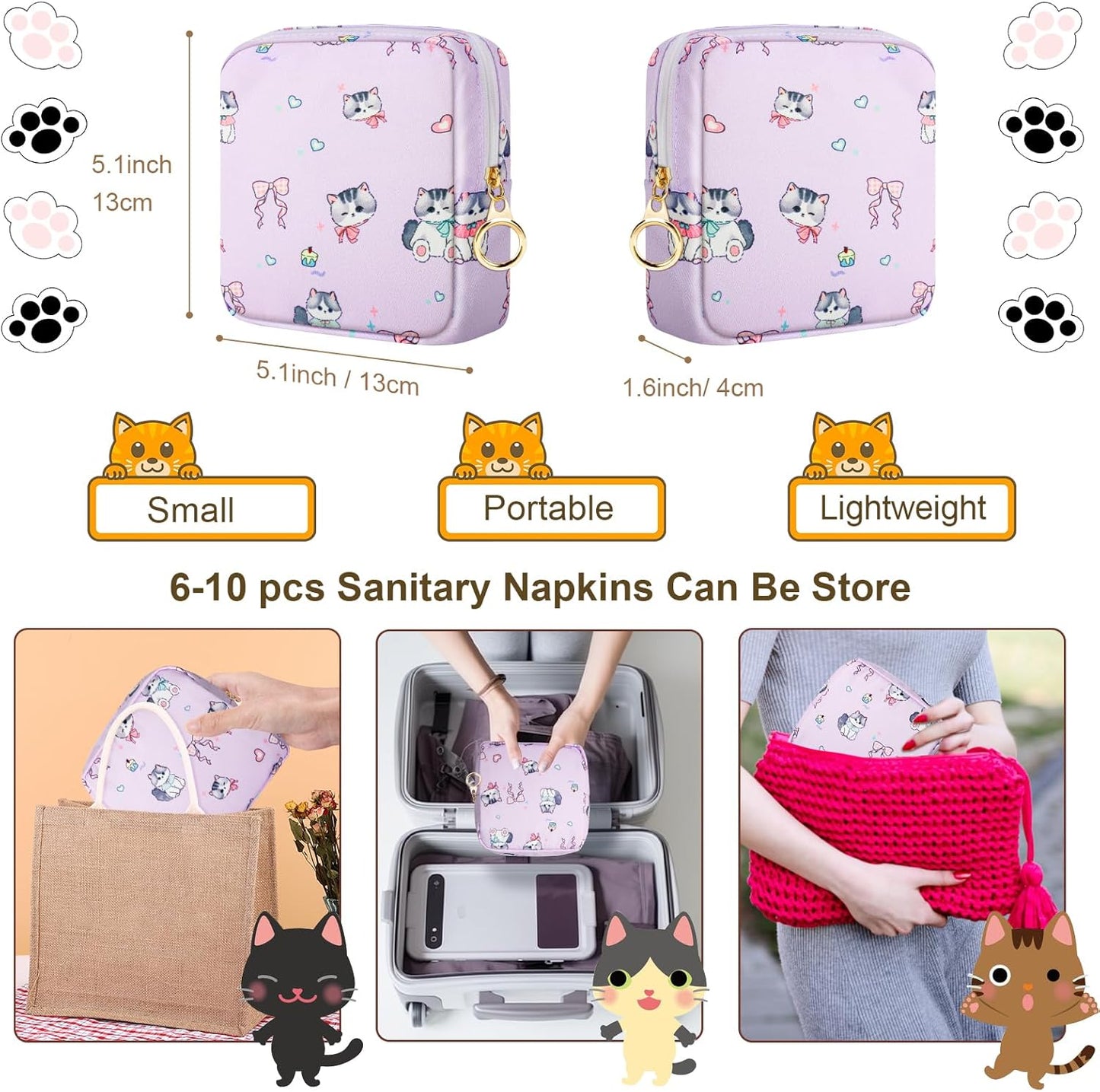 Tampon Holder for Purse, Canvas Period Bag Sanitary Napkin Storage Bag for Girls Womens, Portable Feminine Emergency Pad Period Pouch(Bow-Tie Wink Cat)