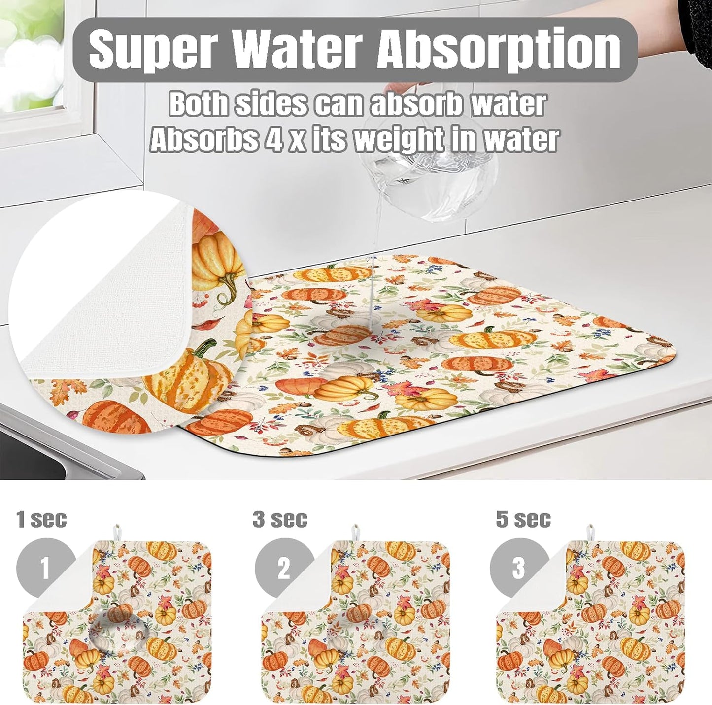 Dish Drying Mat for Kitchen Counter Large 18" x 24" Fall Pumpkin Absorbent Microfiber Dishes Drainer Rack Mats Pad Reusable Washable