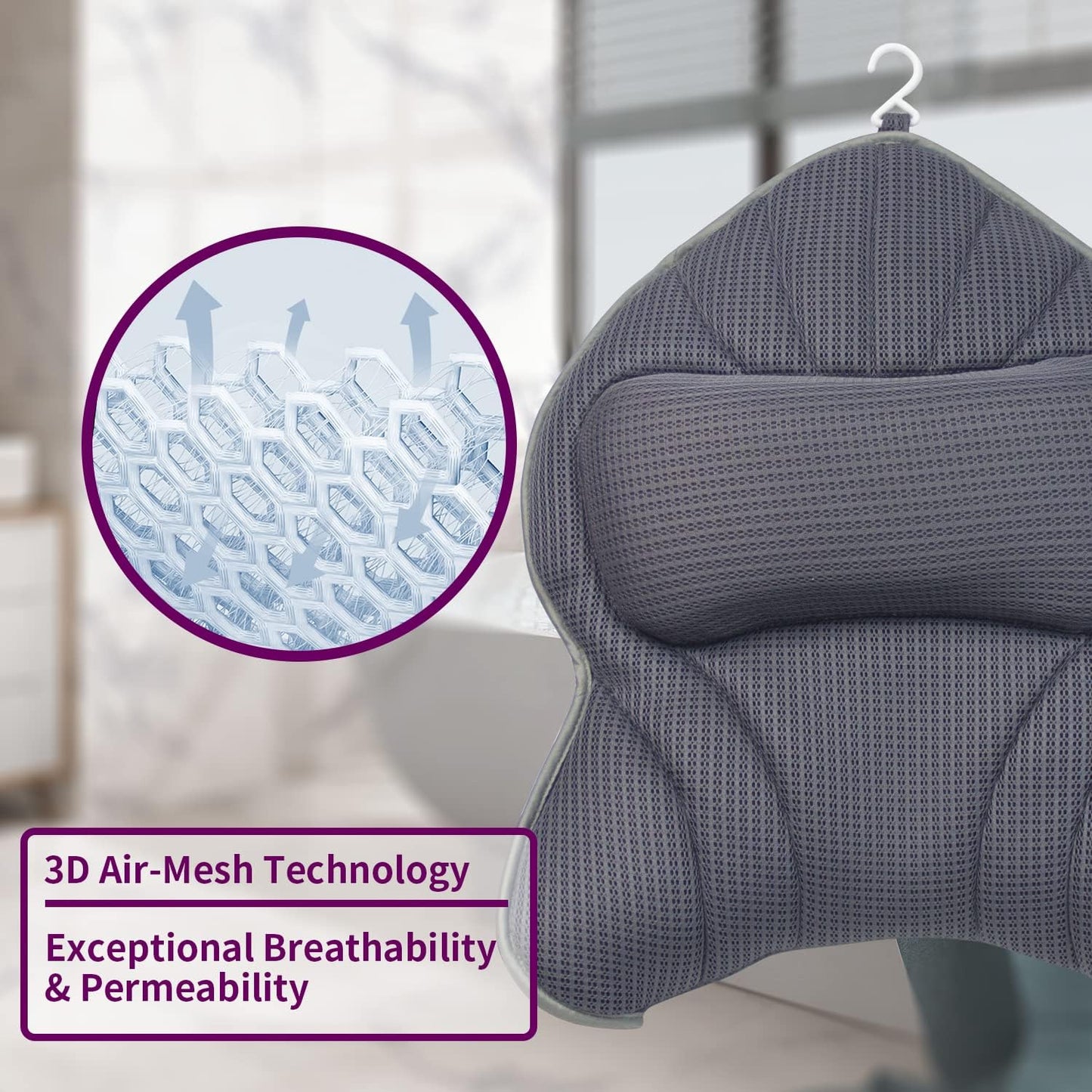 Extra Thick Large Bath Pillow with Neck,Back,Head Support for Bathtub, Spa, Soaking Gray(21''x17'')