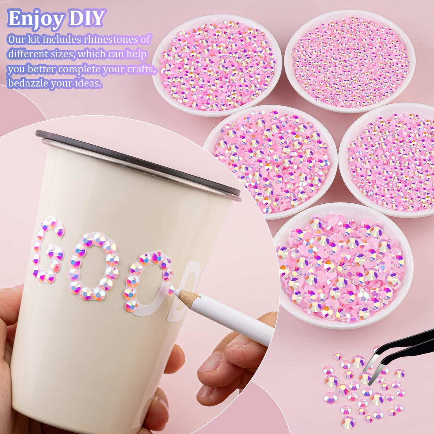 30000Pcs Resin Jelly Rhinestones with Tweezers for Crafting, Light Pink AB Flatback Gems, Bedazzling Crystal with 3Pcs 10ml B7000 Jewelry Glue for DIY Crafts Clothing Tumblers Shoes Fabric Nail Art