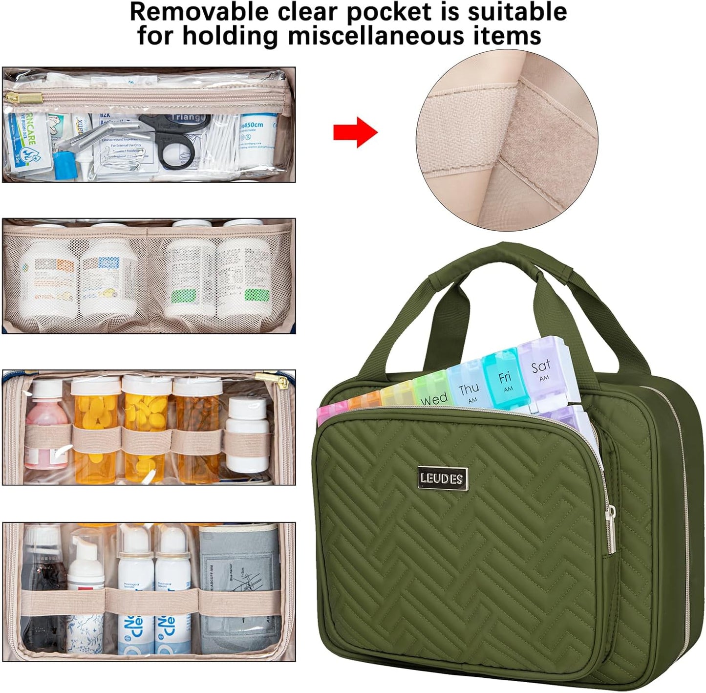 Leudes Travel Pill Bottle Organizer,Medicine Organizer and Storage,Home Medication Bag, Cases,Carrier for Pills,Vitamin,Fish Oil,Supplements for Women and Men (Large, Army Green)