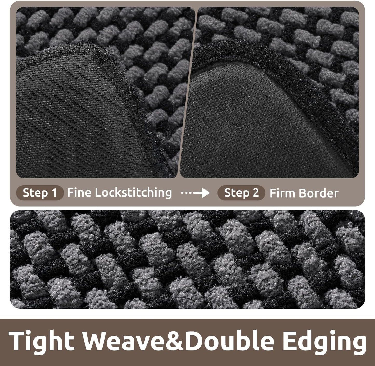 AMOAMI Chenille Bath Mat Super Absorbent Bathroom Mat Quick Dry Bath Mats for Bathroom Rubber Backed Bathroom Rugs Non Slip Washable Fit Under Door, Front of Bathtub, Sink, Darkgrey&Black 24"x36"