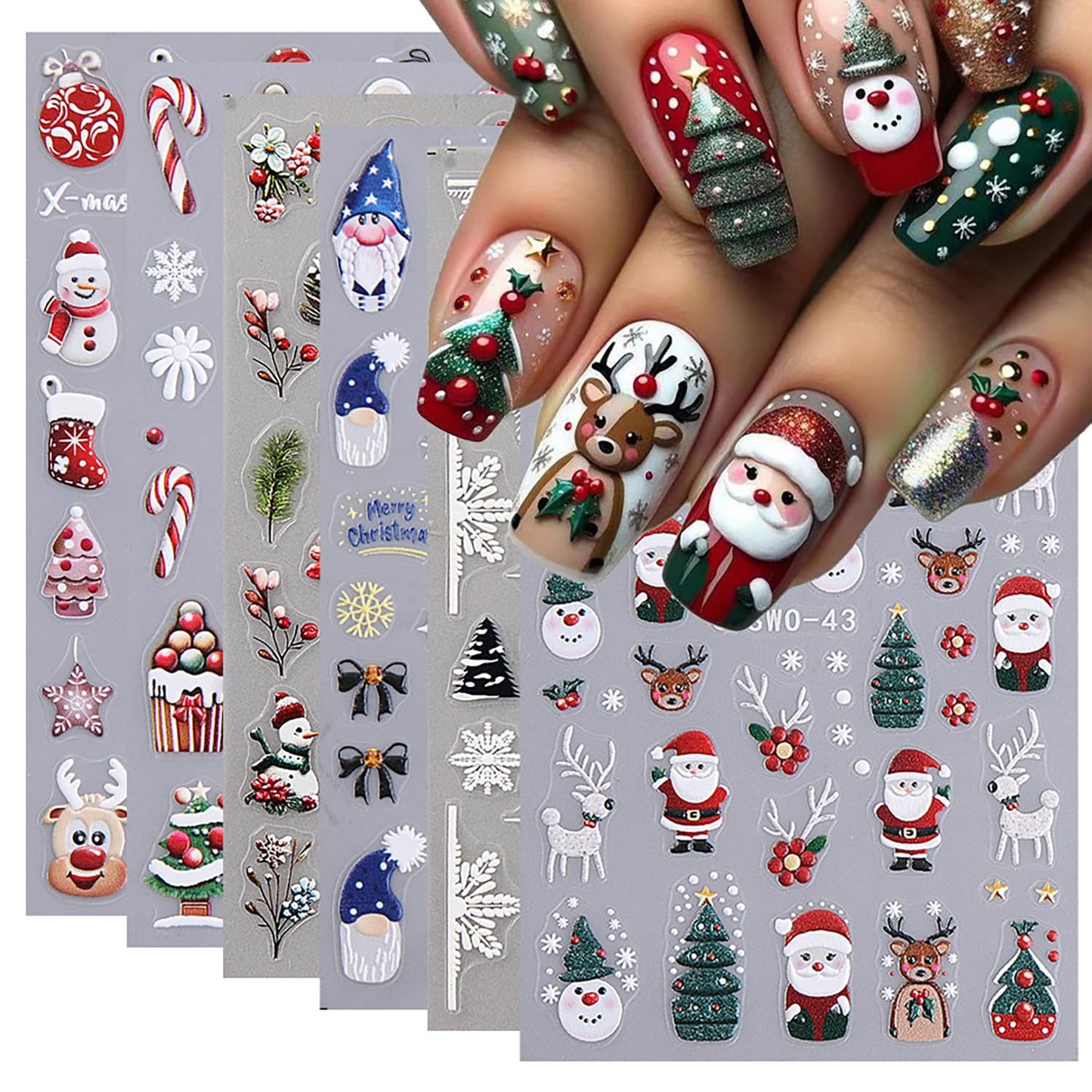 6 Sheets Christmas Nail Art Stickers 5D Self-Adhesive Embossed Cartoon Santa Claus Elk Bluebird Designs Xmas Decals Winter Christmas Snowflake Lamp Ball Nail Stickers Supplies for DIY Manicure Decor