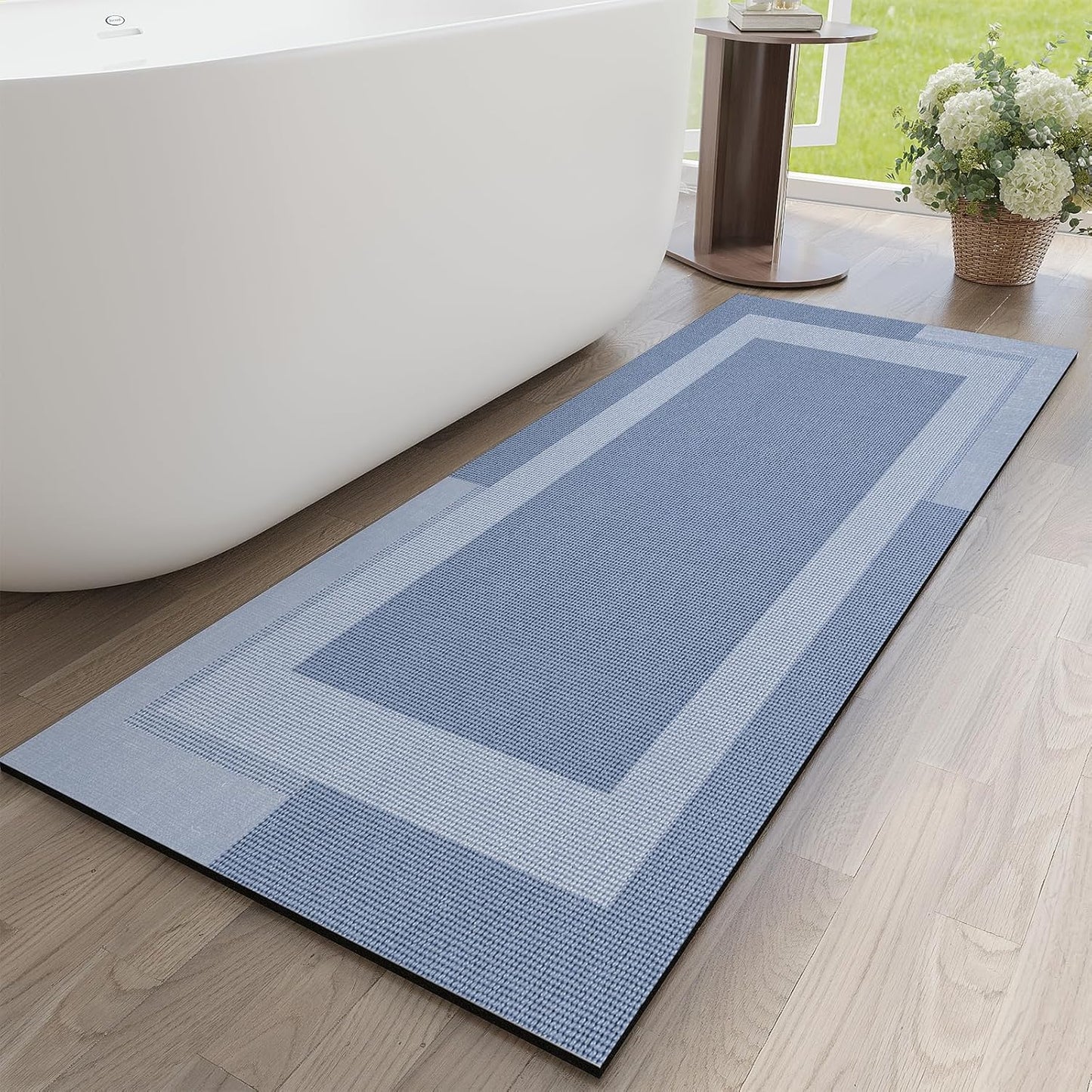 Non Slip Long Bathroom Runner Rug Bath Mat, Rubber Backing Ultra Thin Bathroom Rugs Fit Under Door Quick Dry Super Absorbent Washable Shower Mat for Bathtub Sink Floor, Blue 17"x59"